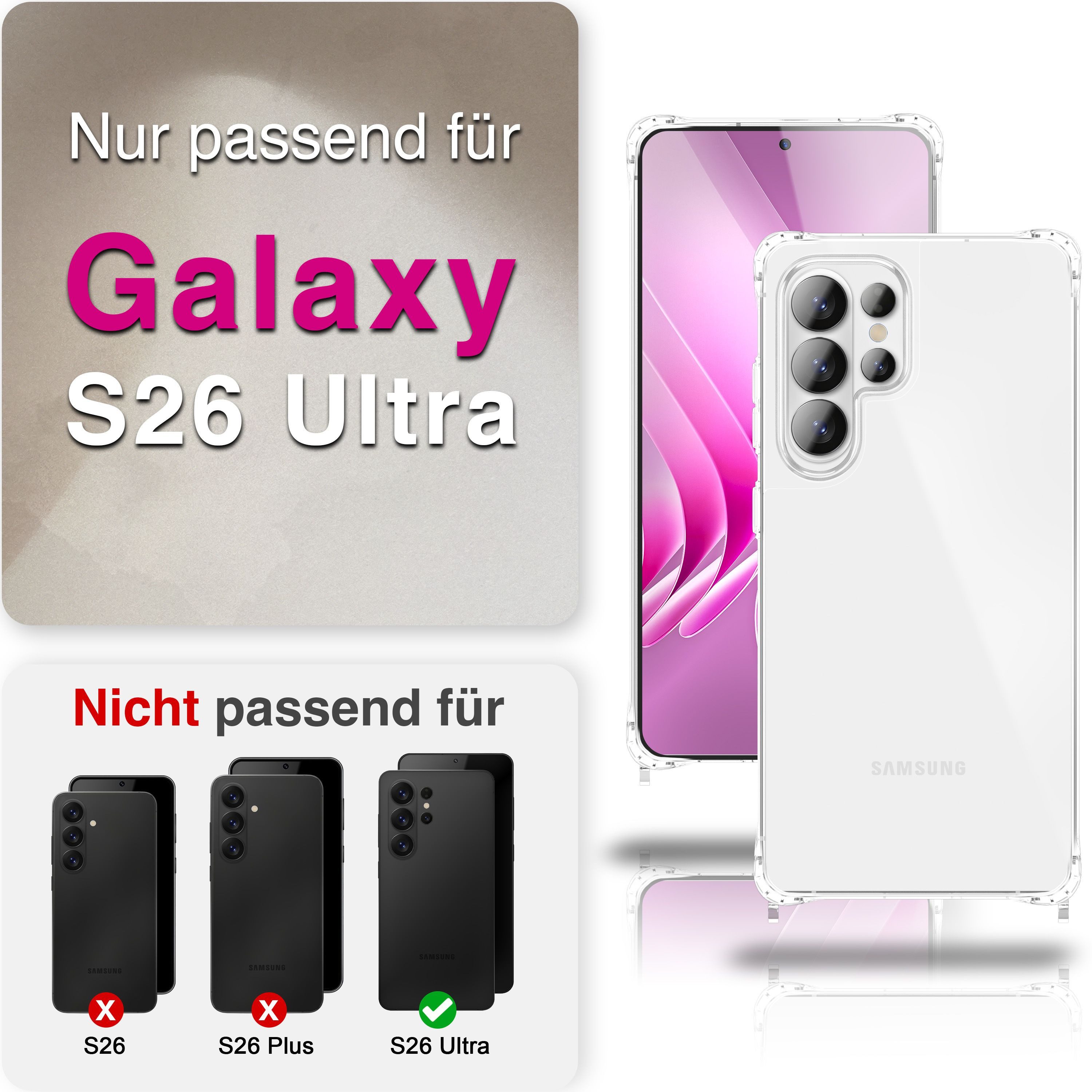 Nalia Smartphone-Hülle Samsung Galaxy S26 Ultra 17,5 cm (6,9 Zoll), HANGIT PRO Case zum Umhängen - Transparent, 160cm Band & Anti-Gelb – Bild 4 von 5