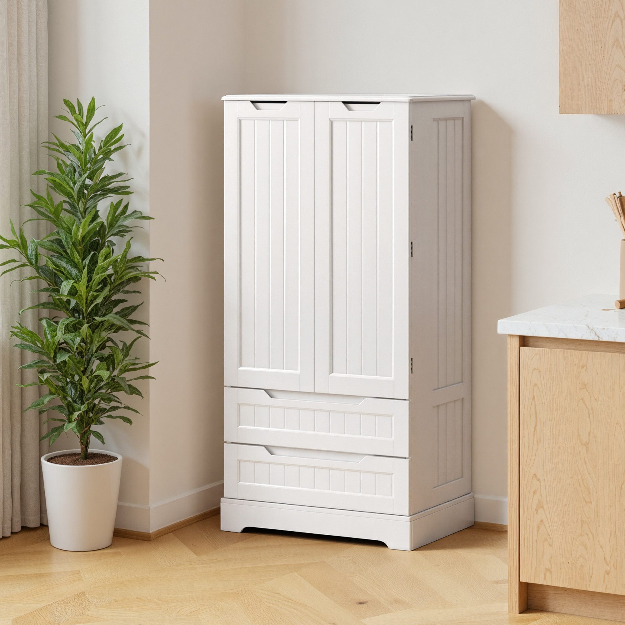 Bealife Sideboard hoher Küchenschrank mit 2 Schubladen und 2 Türen, Vorratschrank, Weiß