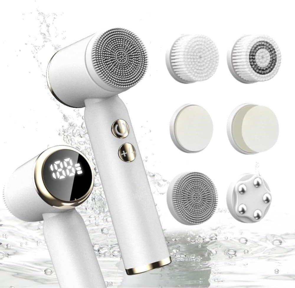 POPOLIC Elektrische Gesichtsreinigungsbürste Motor-Gesichtsreiniger mit 6 Bürstenköpfen, Standladestation, IPX6 wasserdicht, wiederaufladbar, Gesichtsbürste, für Männer und Frauen, Gesichtsschrubber, Massagegerät und Peeling