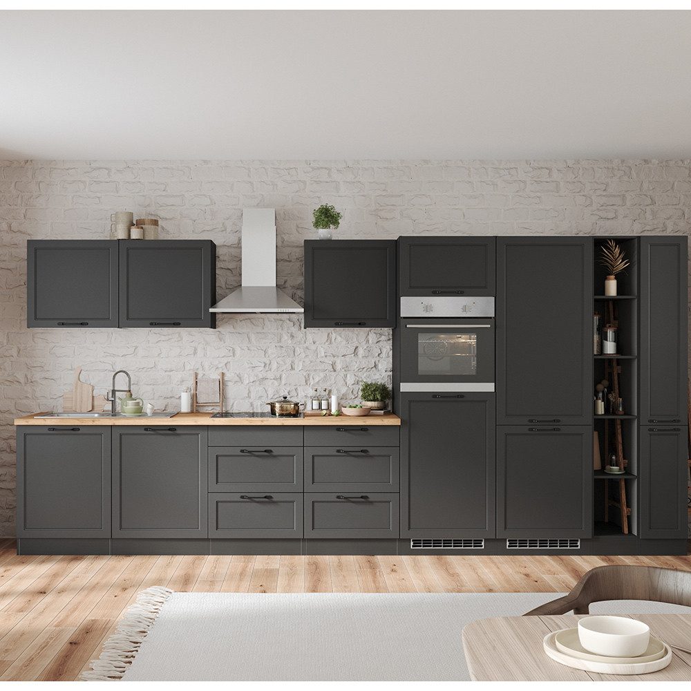 Lomadox Кухниzeile MONTERREY-03, Кухниblock Кухниmöbel, 420cm, grau mit Eiche