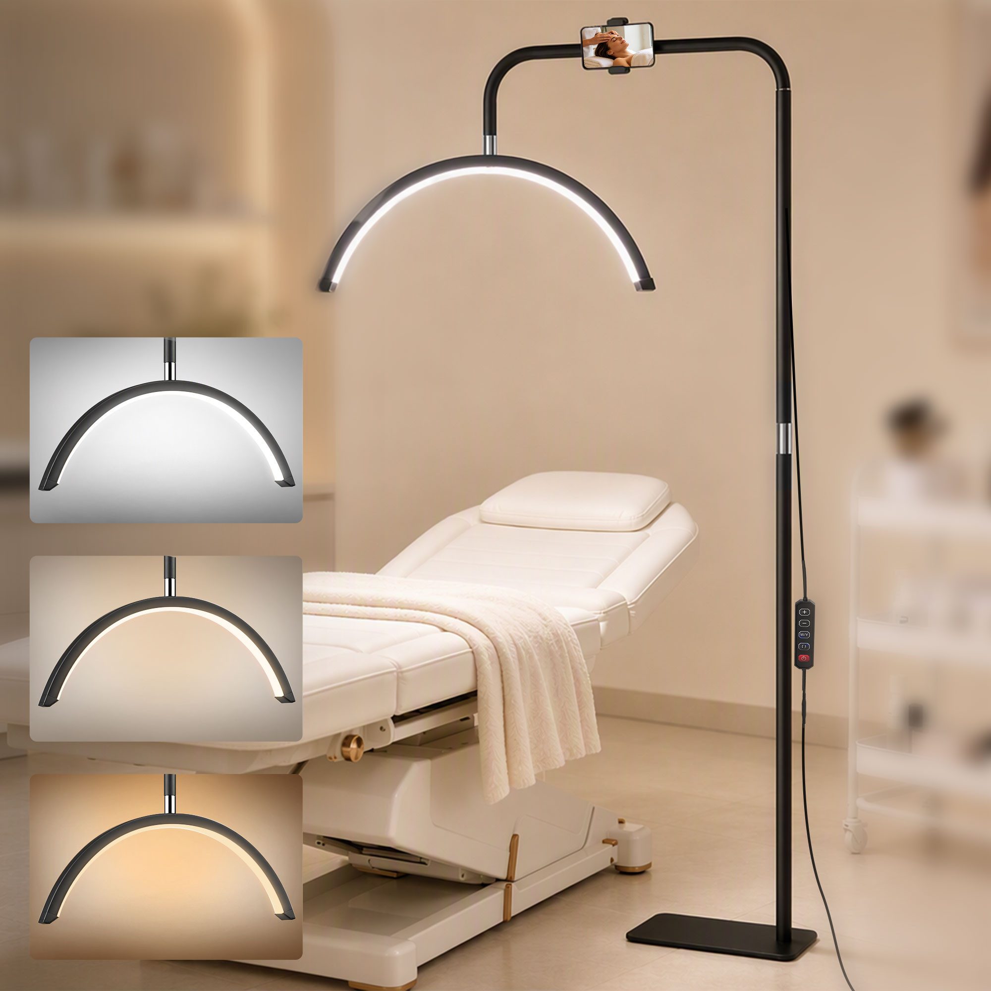 HOMCOM Stehlampe LED Halbmond Wimpern Lampe mit Telefonhalter, Dimmfunktion, LED fest integriert, Tageslichtweiß, für Wimpernverlängerung, Tattoo, Nägel, Hautp