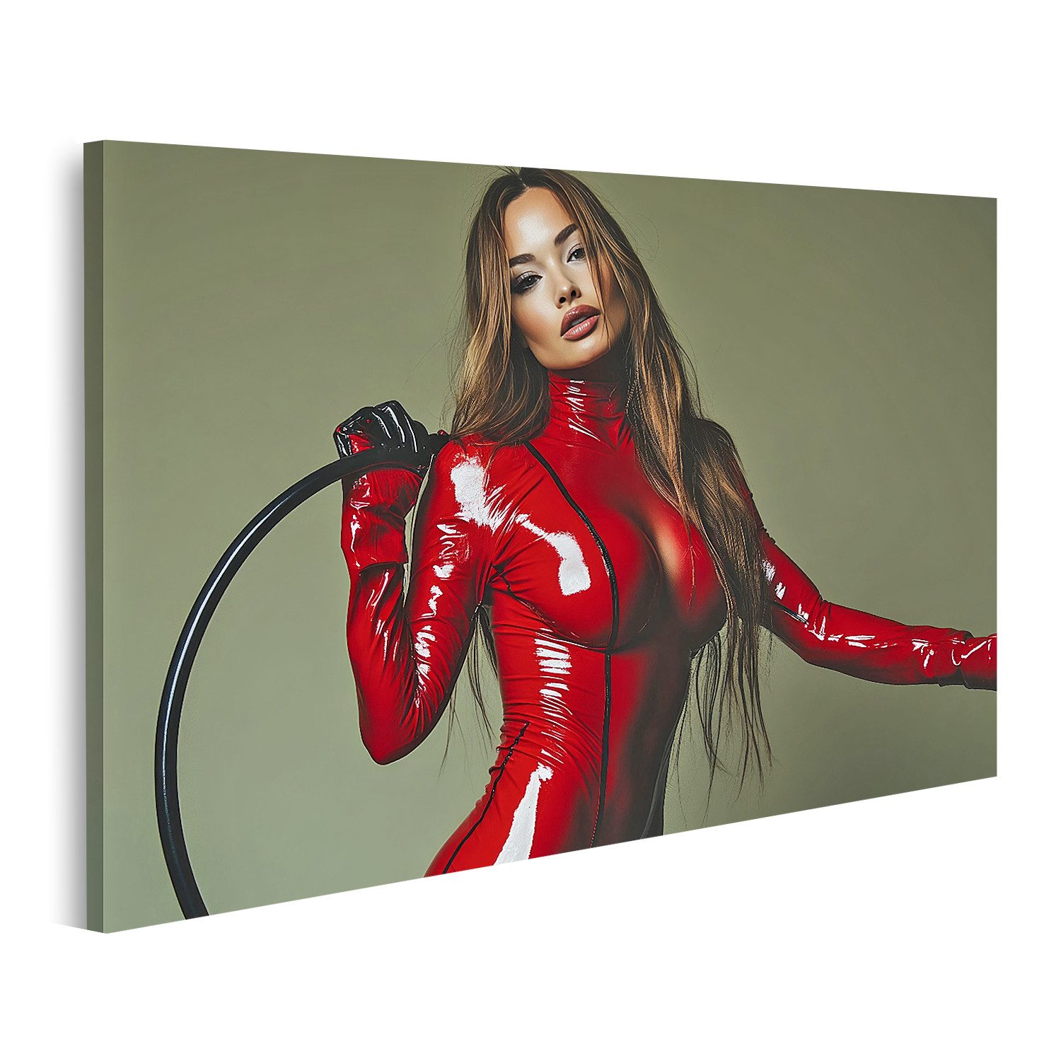 islandburner Leinwandbild, Frau in rotem Latexanzug mit Peitsche (2)