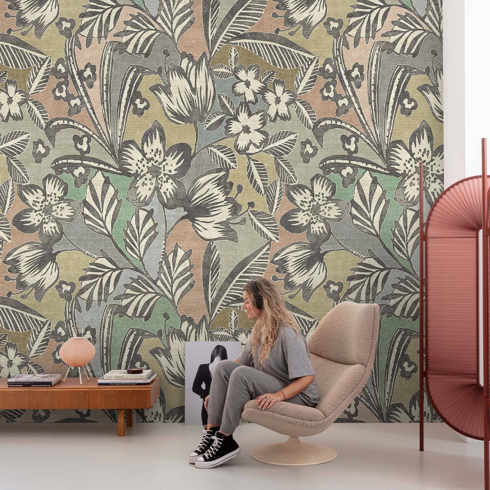 Fototapete Tropisch Gemalt Blumen Grau Blau Rot Creme ML4501 Young Edition