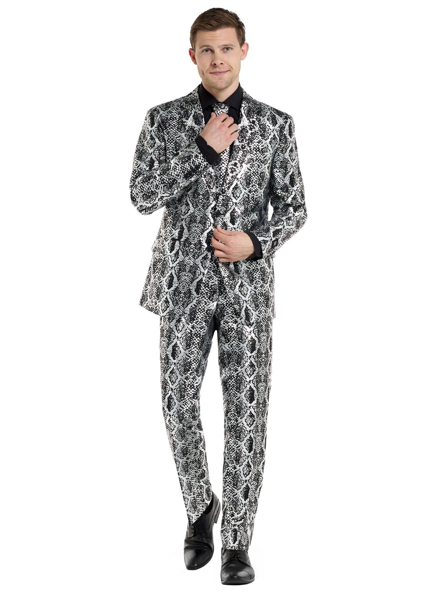 Opposuits Partyanzug Silver Snakes Anzug, Cobrastyle: ein Anzug aus glänzend silberner Schlangenhaut