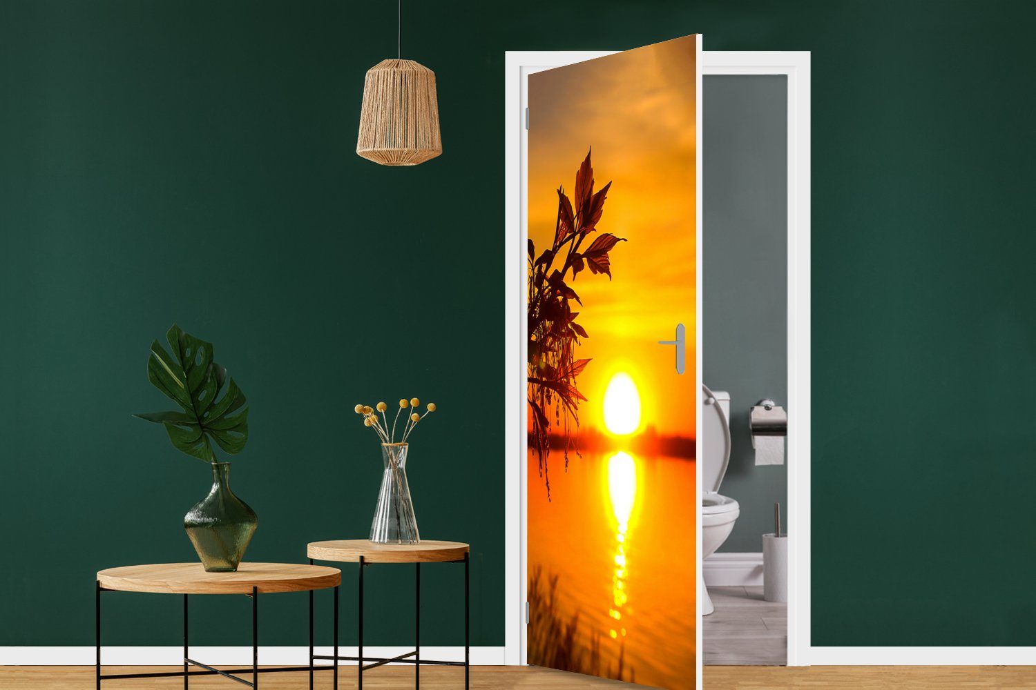 Tür, - 75x205 Wasser Orange, Türaufkleber, Pflanzen - für - Matt, Fototapete (1 MuchoWow Türtapete cm St), bedruckt, Sonnenuntergang