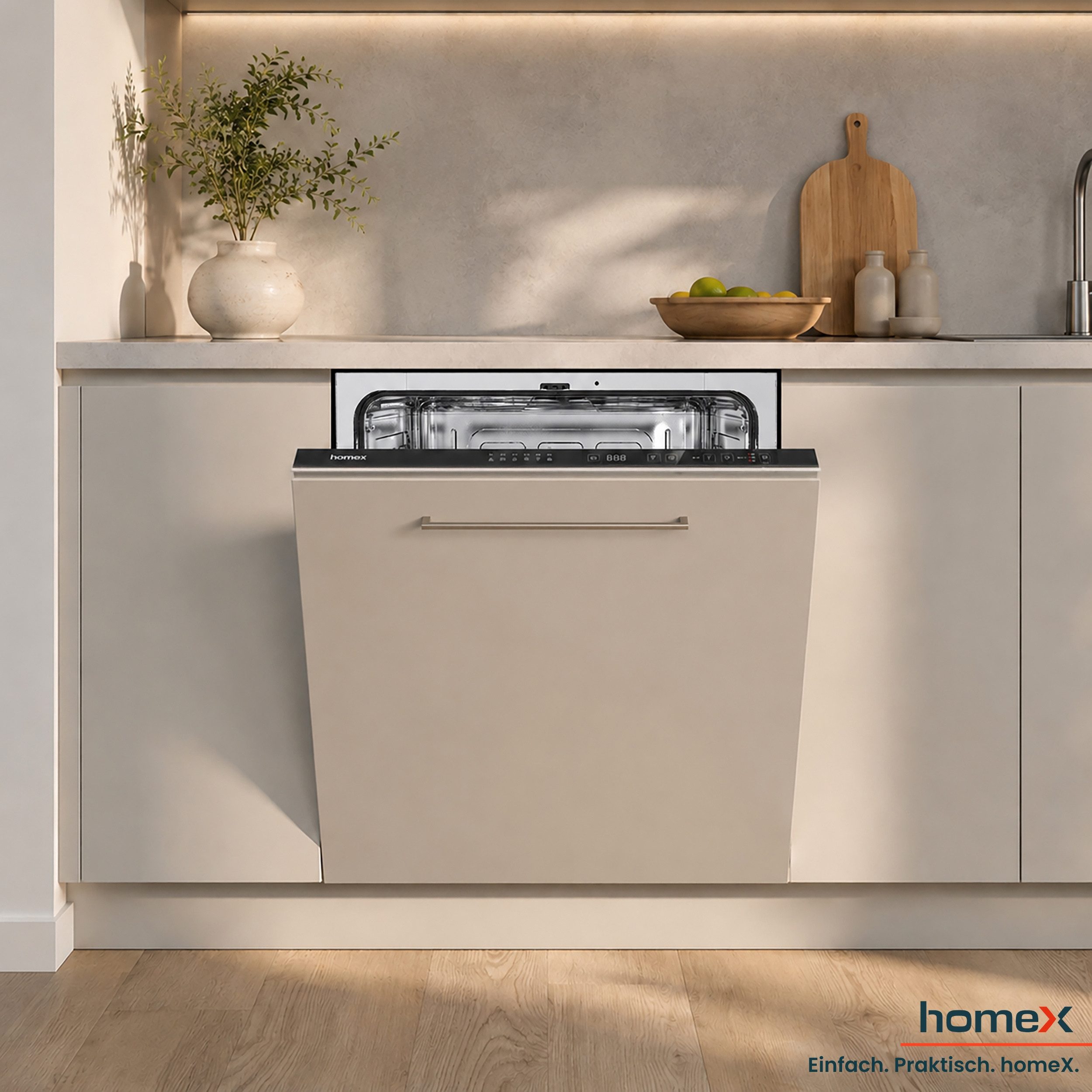 homeX vollintegrierbarer Geschirrspüler DWFI601449E, 12 l, 14 Maßgedecke, Einbau Spülmaschine vollintegriert 60 cm, 6 Programme, AquaStop, 49 dB