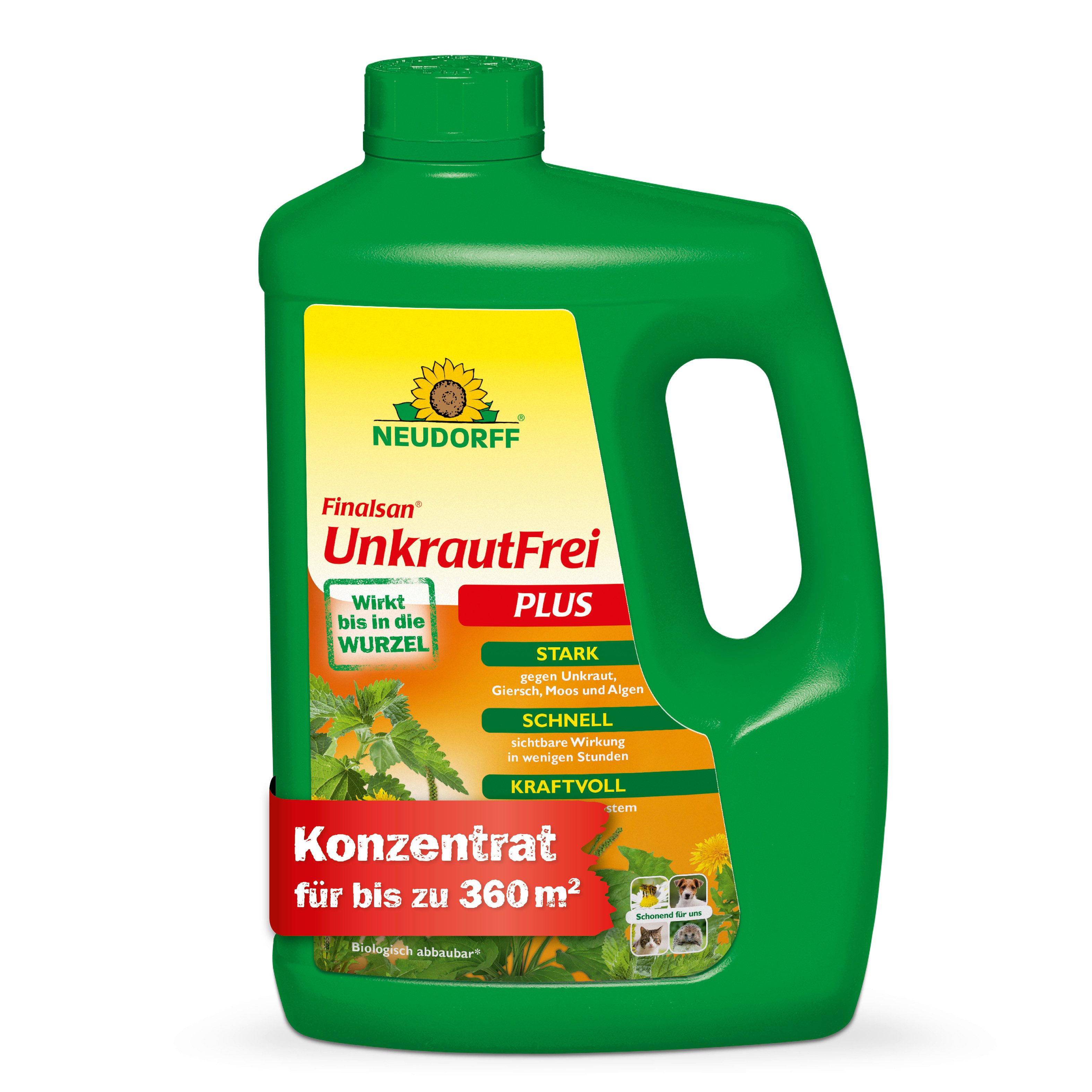 Neudorff Unkrautbekämpfungsmittel Finalsan UnkrautFrei Plus 2 Liter für 360 m², 2000 ml, 1 St., Gegen Unkräuter Gräser Moose Algen & Problemunkräuter, Wasserlösliches Konzentrat mit 2-fach-Wirksystem, kraftvoll mit 2fach-Wirksystem bis in die Wurzel