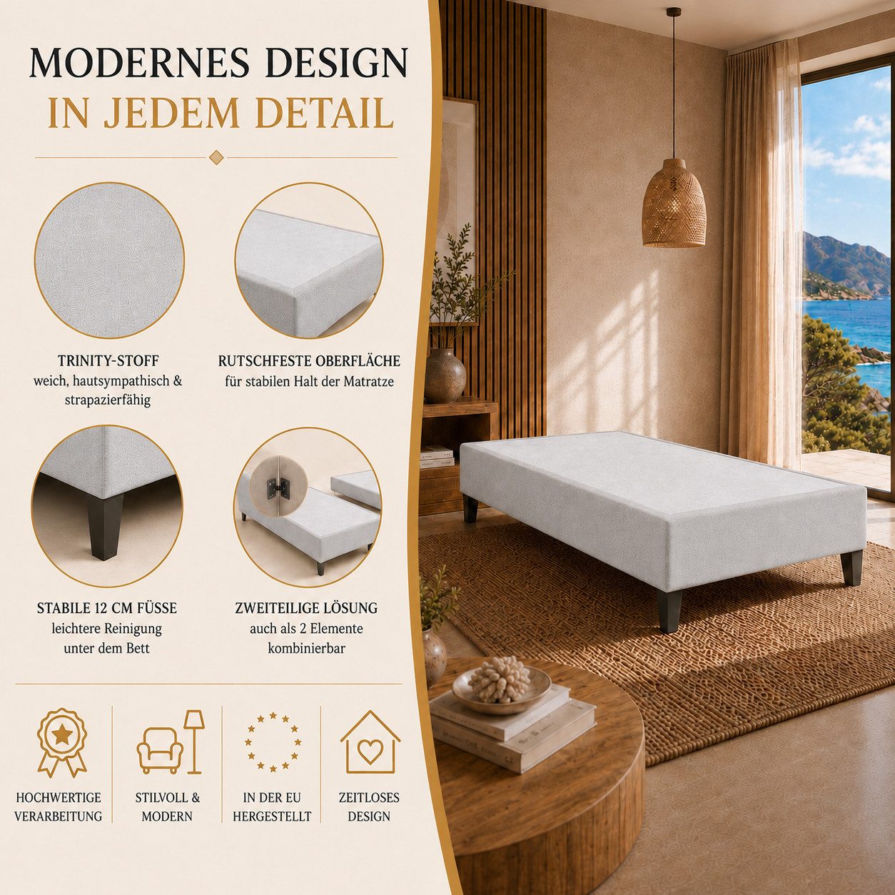 Best for Home Boxspringbett Boxspringbettgestell aus Massivholz in verschiedenen Größen (Bettgestell / Seniorenbett / Jugendbett / Kinderbett, 1-St., Bettgestell ohne Matratze, optional mit Kopfteil), Massivholzrahmen, Trinity-Stoffbezug, wasserdicht, abriebfest