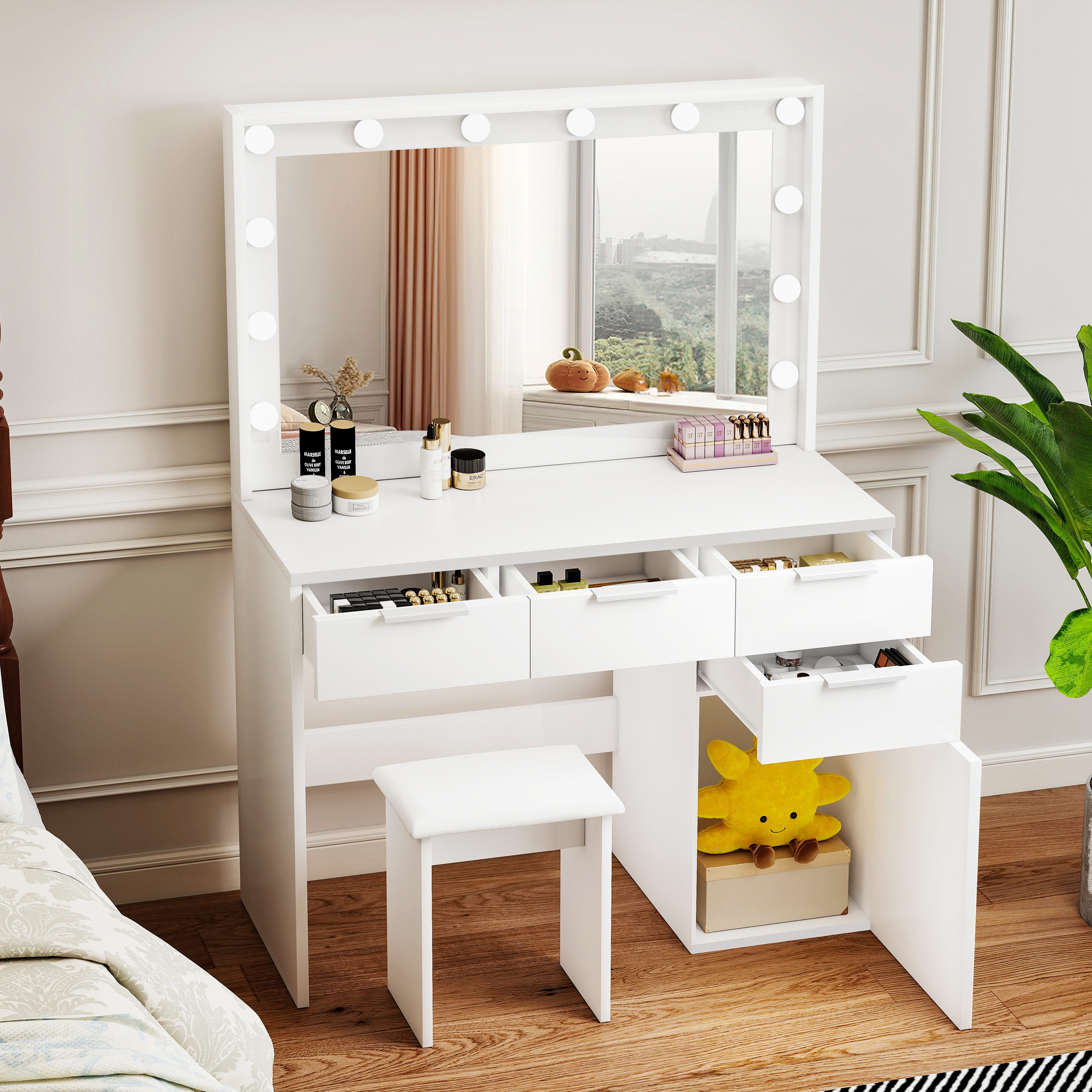 oyajia Schminktisch Kosmetiktisch mit Spiegel und Hocker, Kosmetikspiegel und 5 Schubladen (Make-up Tisch mit 5 Schubladen und 3 offene Ablagen, mit USB-Anschluss), Frisierkommode mit LED Beleuchtung,Schlafzimmermöbel Vanity Set