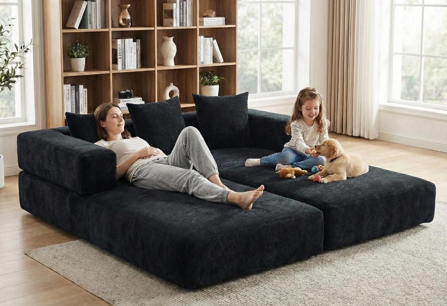 LVHOM Loungesofa 3 Sitzer Sofa mit Schlaffunktion, Formveränderung, mit Seitentaschen, Rutschfeste Unterseite, zwei Kissen verbunden mit Reißverschluss, modular frei kombinierbar (mit festen Armlehnen) für Sofa/Liege/Spielzentrum. Premium Chenille (superweich). Schaumstoff-Füllung (schnelle Rückfederung). Tiefe Sitzfläche (Komfort), in Wohnzimmer,Kinderzimmer, Homeoffice, Leseecke, Spielzimmer