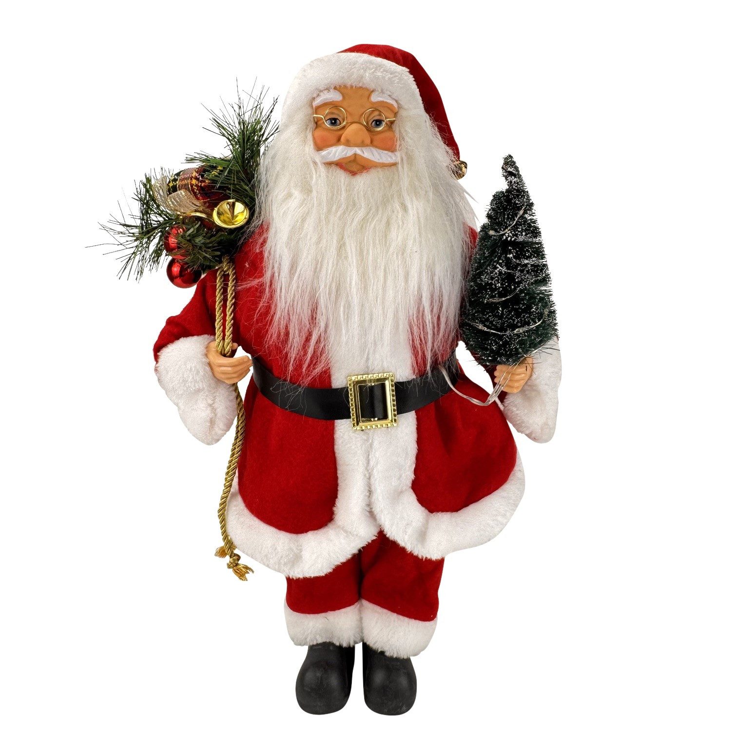 Online-Fuchs Weihnachtsmann mit Tannenbaum und LED-Lichterkette mit Timer - Weihnachtsdeko Figur (mit Geschenkesack über den Rücken, klassisch traditionelles Design), inklusive integrierter 6-Stunden Timerfunktion