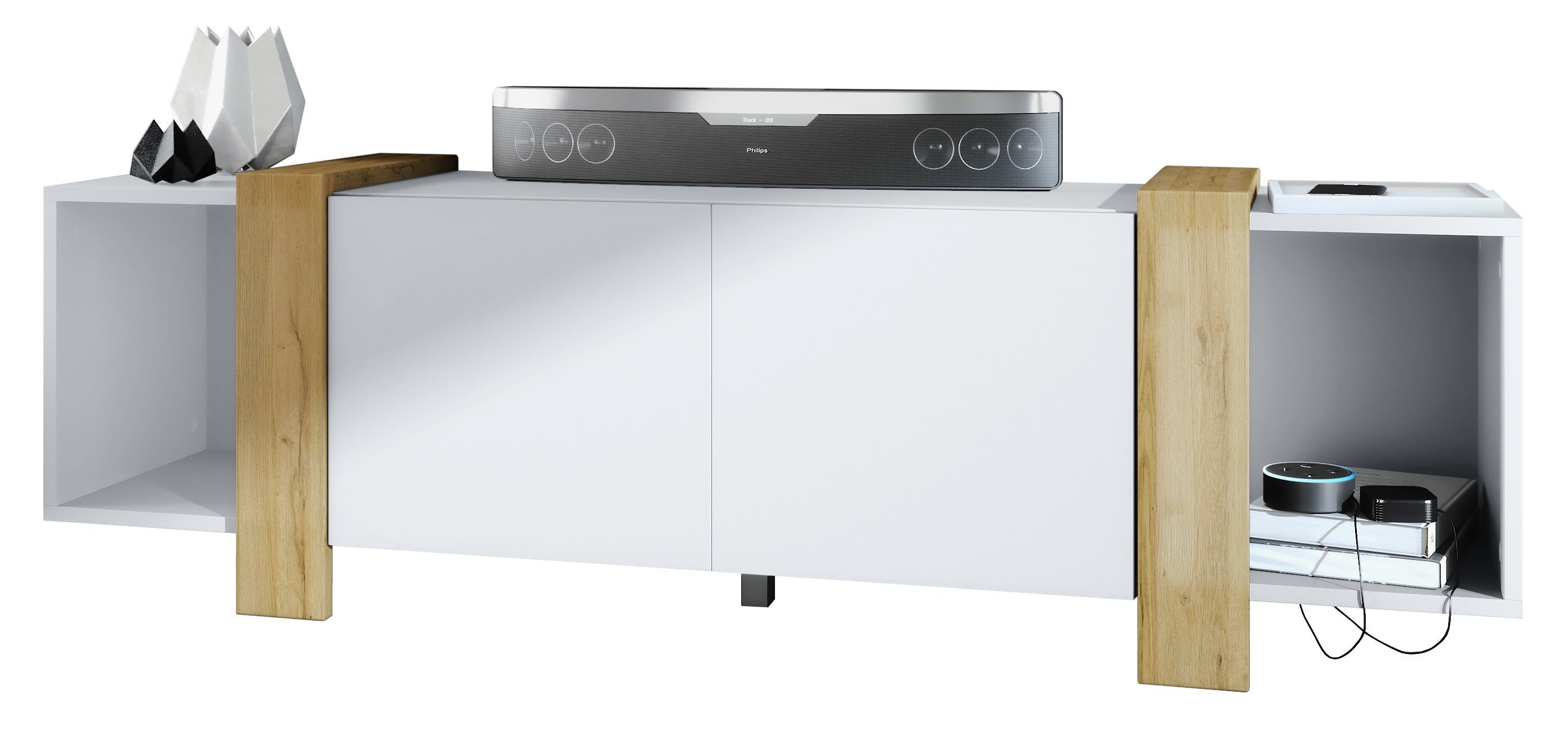 Vladon Lowboard Ida (TV-Kommode, mit 2 Türen und 2 offene Fächer), Weiß matt/Eiche Natur (149 x 45,5 x 34 cm)