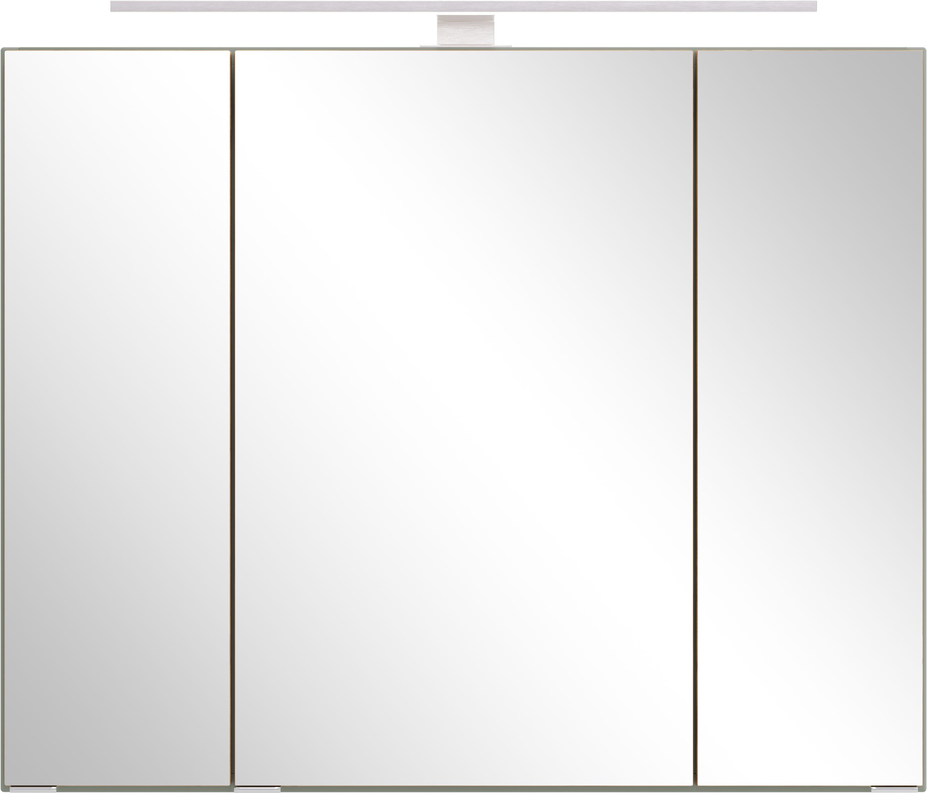 welltime Spiegelschrank TRIENT, 3D-Spiegelschrank 80 cm, gedämpfte Scharniere (Maße (B/H/T): ca. 80/64/20 cm) Schilfgrün/Wildeiche, gedämpfte Scharniere