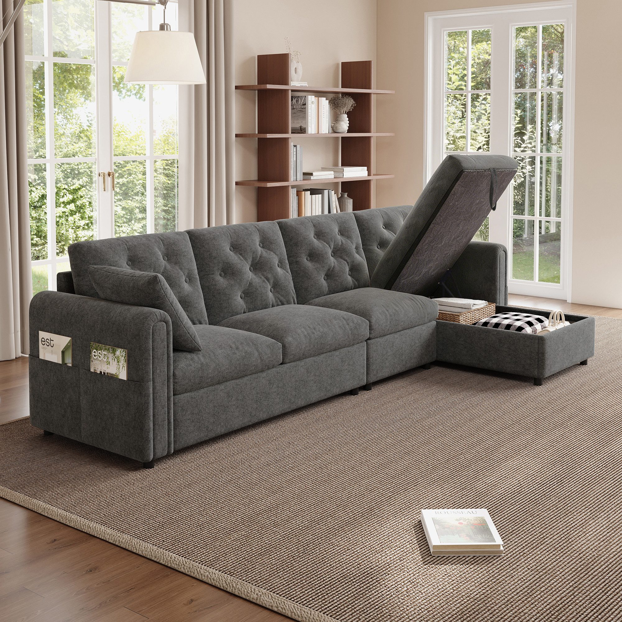 Flieks Ecksofa links und rechts austauschbar, 4-Sitzer, Samtbezug, L-förmiger Sofa mit Schlaffunktion, Bettkasten, Zierkissen und Taschen