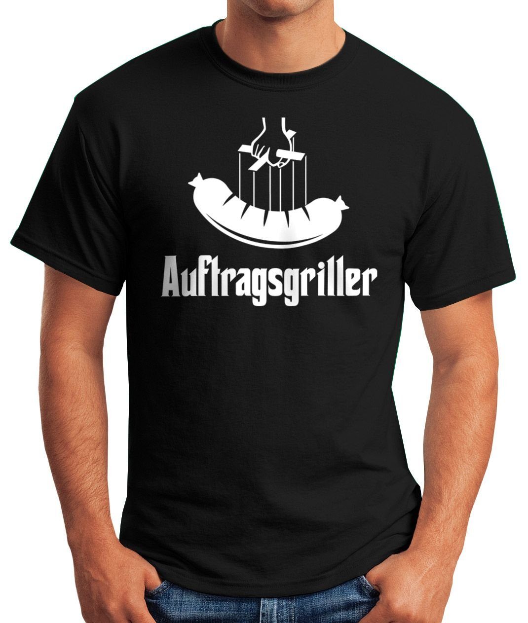 Bratwurst mit Grillfather MoonWorks Print-Shirt Print Auftragsgriller Fun-Shirt T-Shirt Herren lustig Moonworks® Wurst