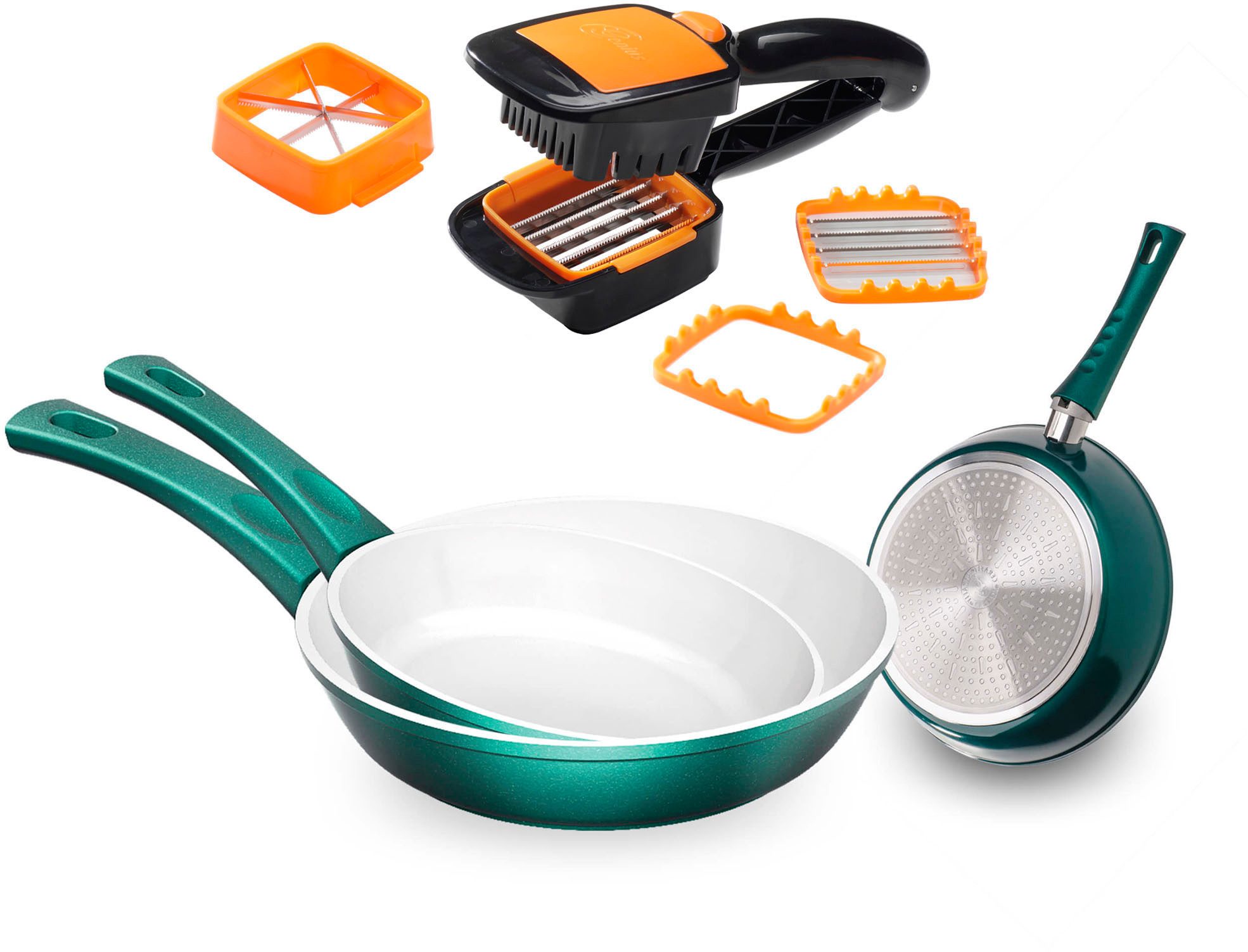 Genius Pfannen-Set Cerafit Fusion Pfannen inkl. Nicer Dicer Quick, Set 8-tlg, (Set, 8-tlg., Pfannen, Set 3-tlg., feste Griffe, ND Quick, Set 5-tlg., orange), hochwertig Antihaft-Pfannen mit robuster Keramik-Beschichtung