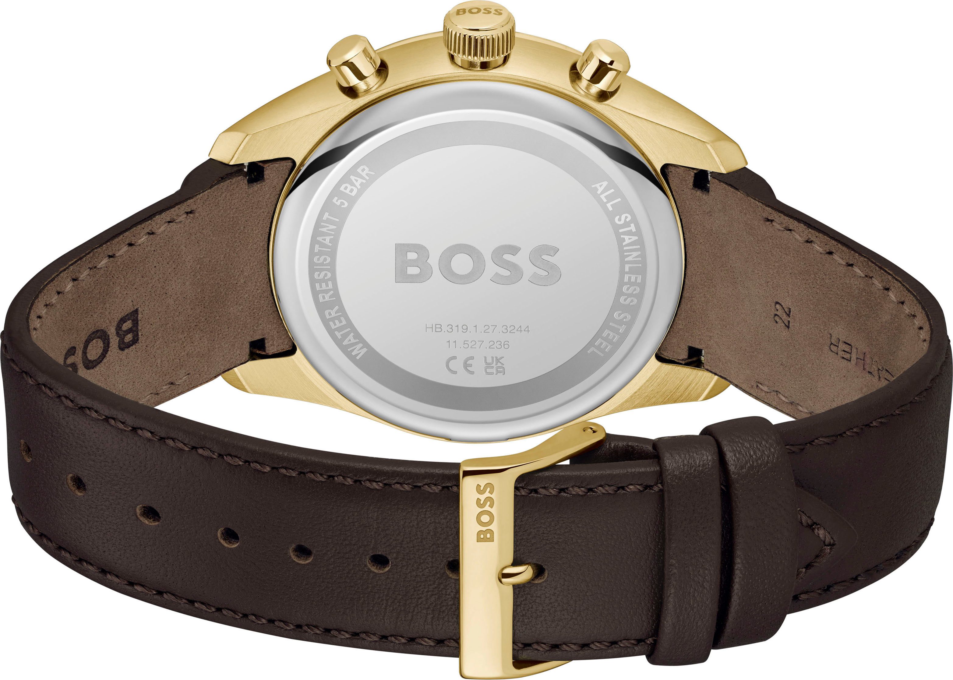 BOSS Chronograph GRAND PRIX 44 1514225, Quarzuhr, Armbanduhr, Herrenuhr, Lederarmband, analog, Tag