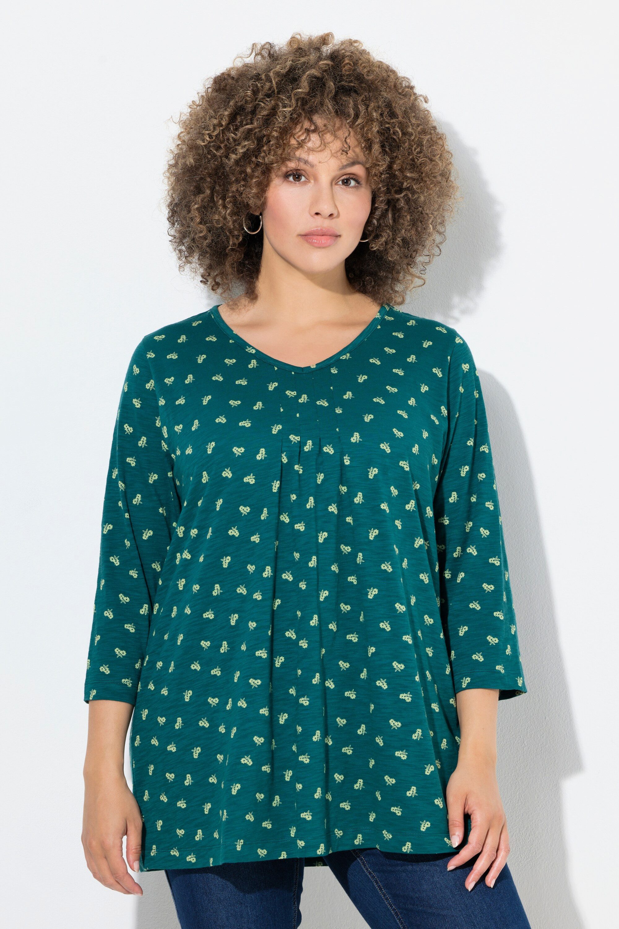 Ulla Popken T-Shirt Shirt Blüten A-Linie V-Ausschnitt 3/4-Arm günstig online kaufen