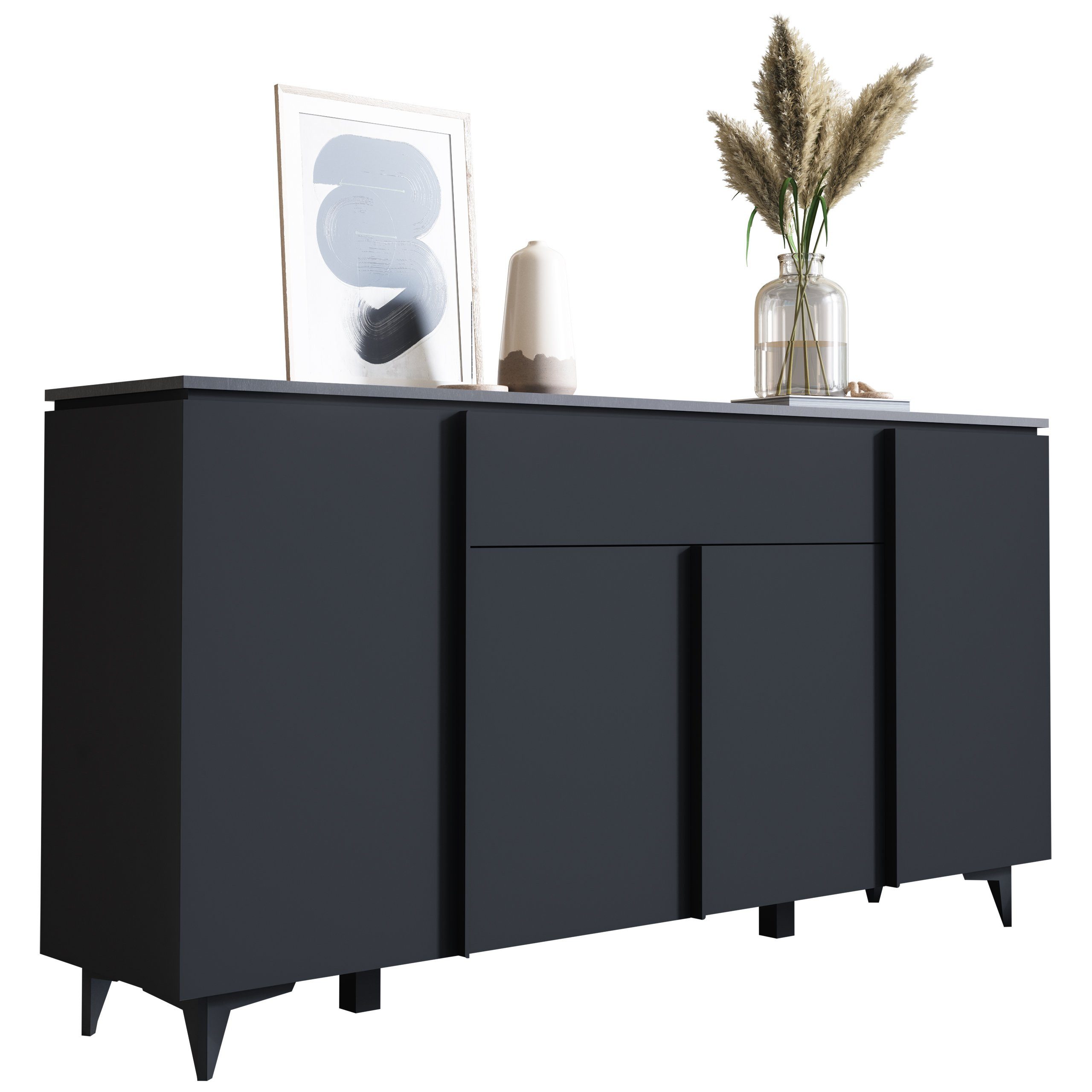 Newroom Sideboard Schwarz 177 cm, Schwarz Kommode Modern Minimalitisch Modern Highboard Anrichte Wohn