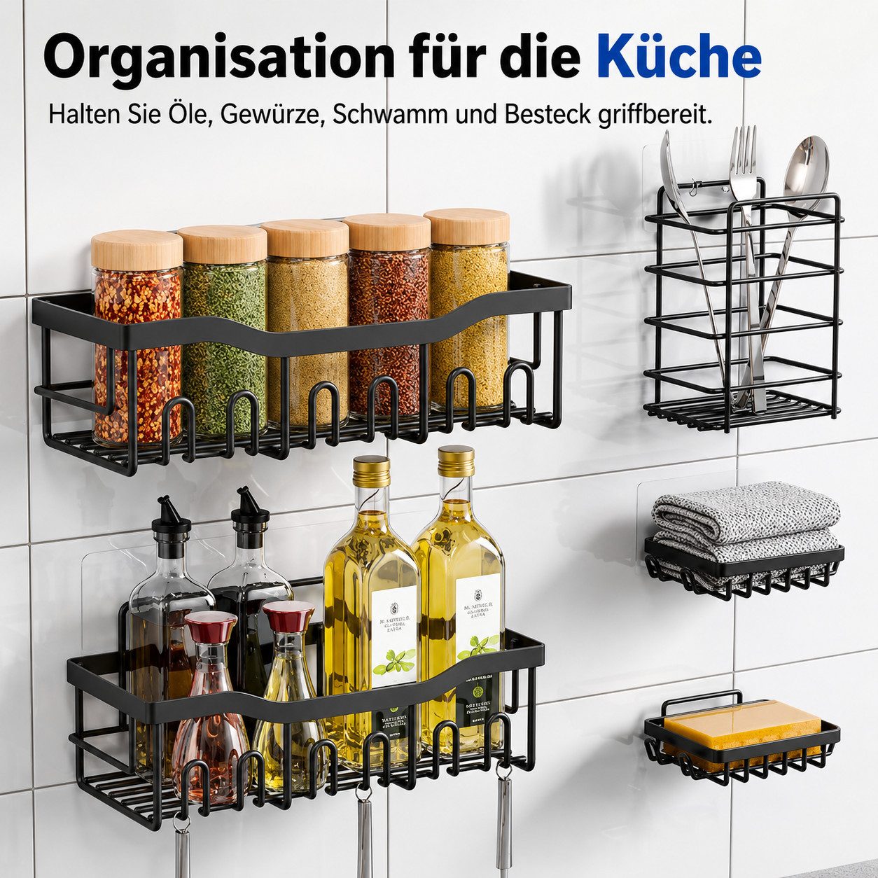GARRYFIZH Duschregal Duschablage ohne Bohren 5er-Set Duschkorb Schwarz Badregal, Set, Wandregal aus Karbonstahl für Bad & Küche, selbstklebend