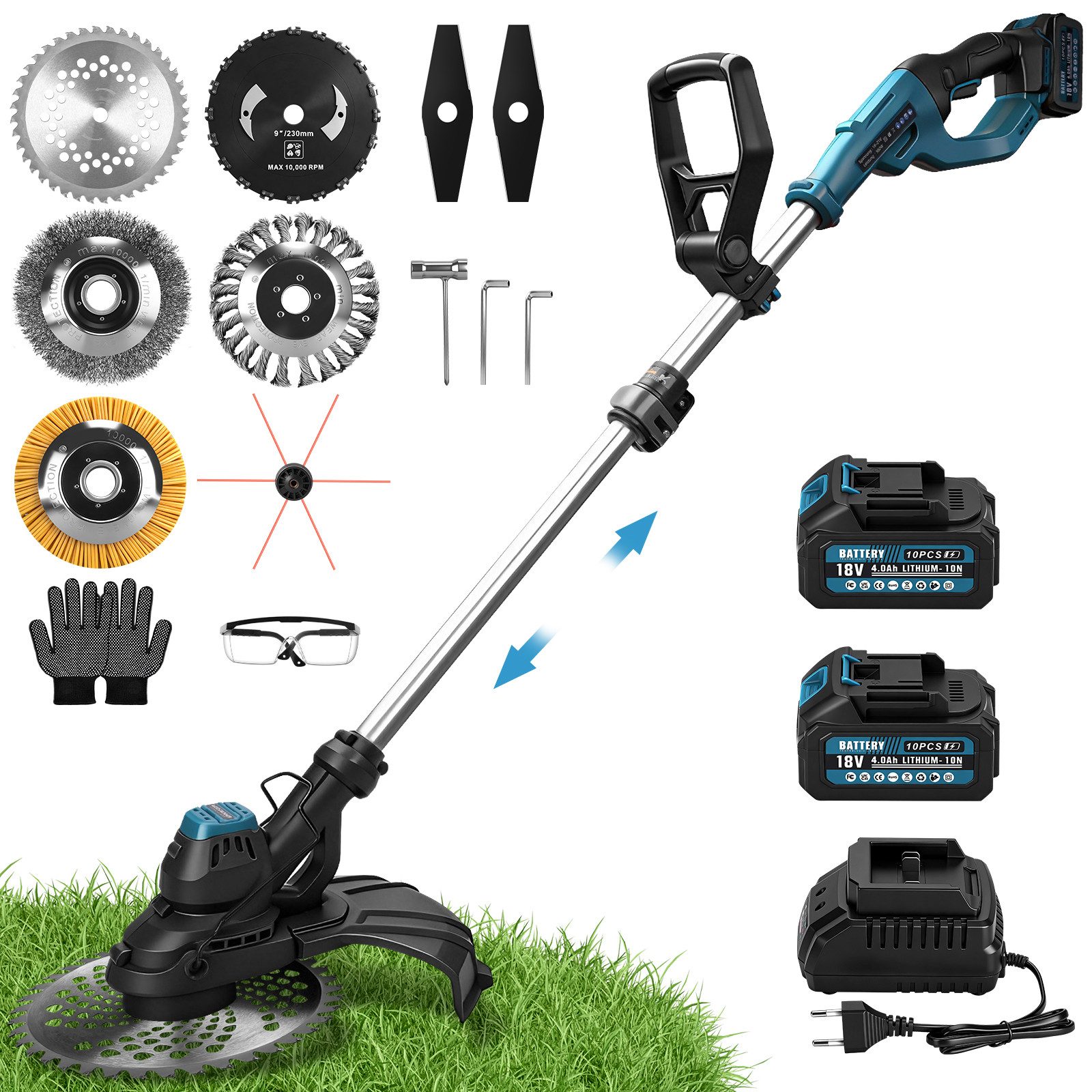 XERSEK Akku-Rasentrimmer Elektro-Grastrimmer mit Bürstenloser Motor, 14800U/min 980W Motorsense, 30 cm Arbeitsbreite Messer, 2*4,0Ah Akkus, Freischneider Rasenmäher Trimmer Für Garten Rasen