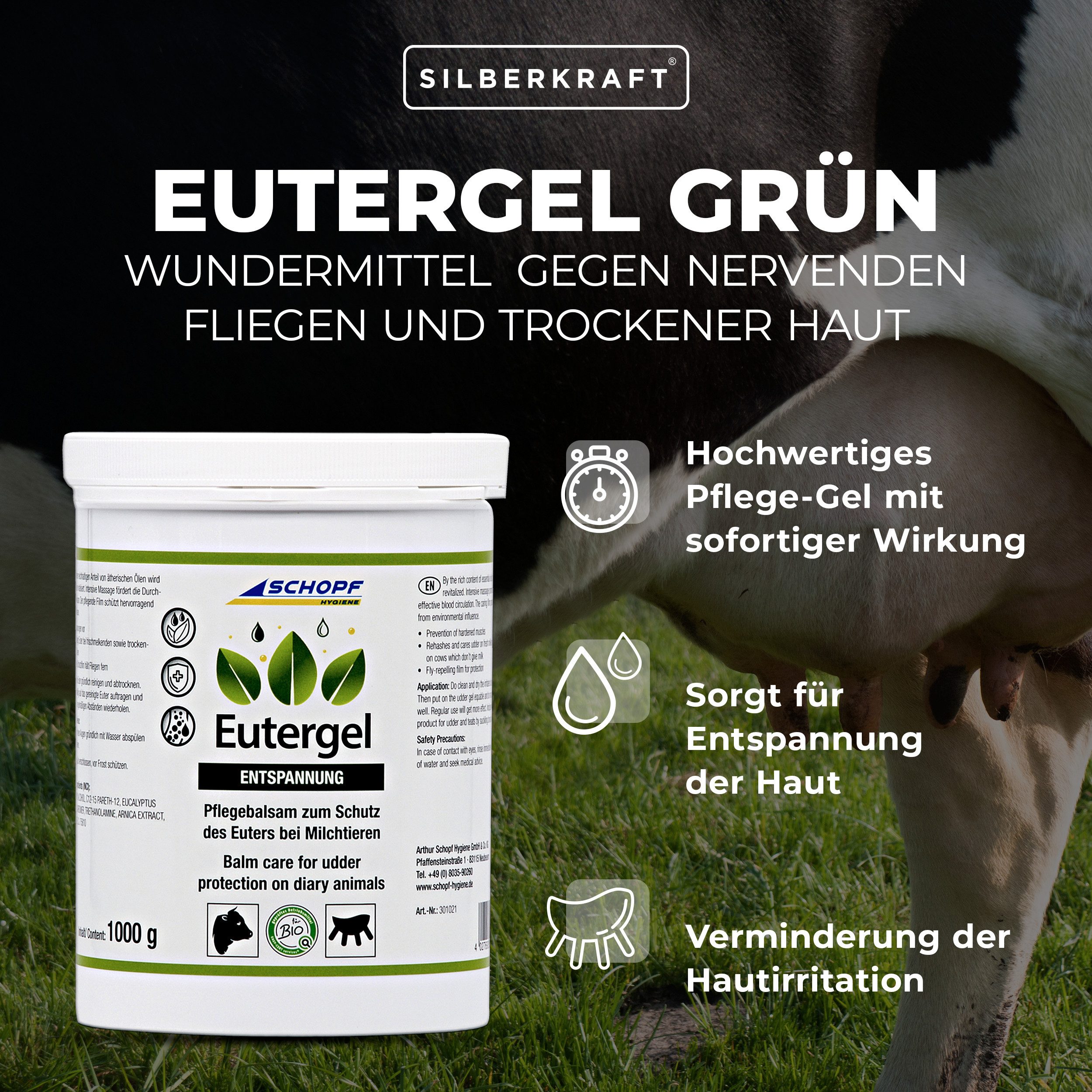 Schopf Körperbalsam Eutergel grün: Schützendes Pflegebalsam für Kühe Beugt Verspannungen vor und unterstützt die Regeneration der Haut, Bildet pflegenden Schutzfilm gegen lästige Fliegen