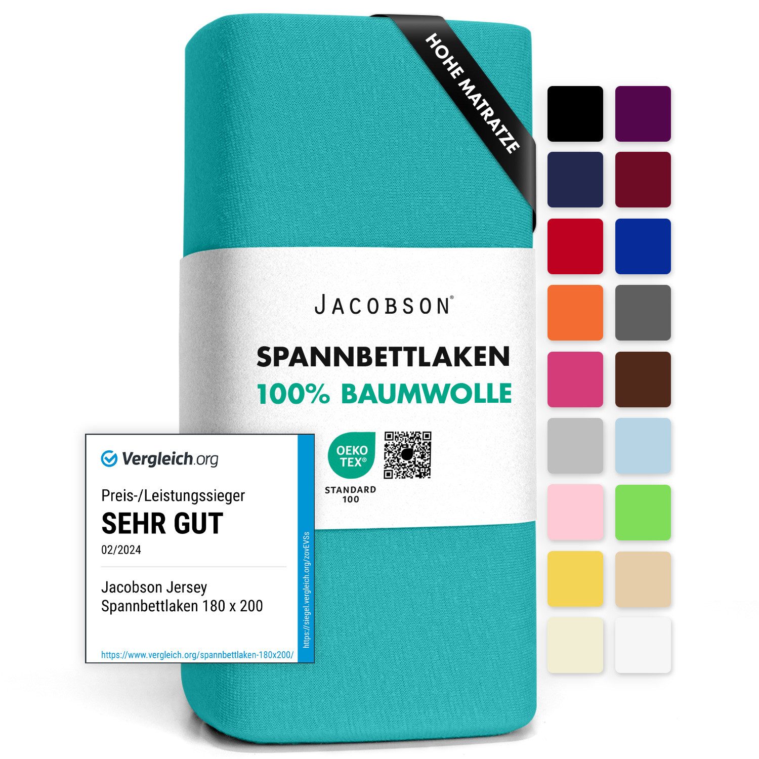 Jacobson Spannbettlaken BOXSPRING & ÜBERLÄNGE aus 100% Baumwolle, für hohe & lange Matratzen, Jersey Bettlaken 160 g/m²
