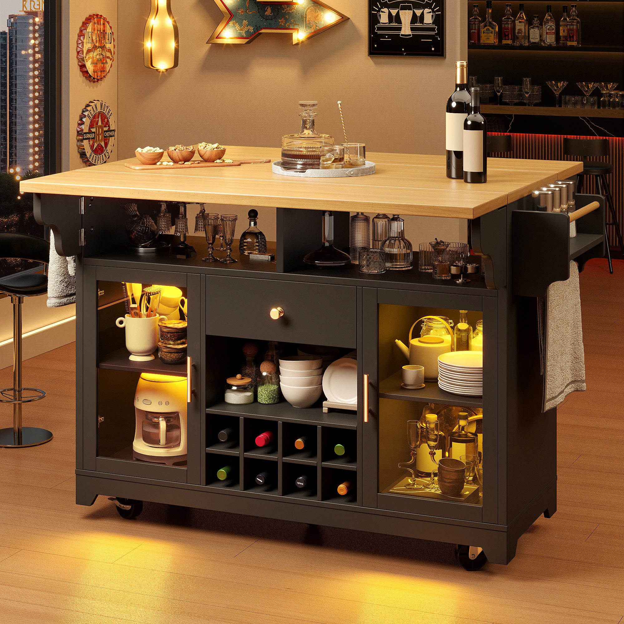 i@home Kücheninsel ausziehbarer Küchenwagen freistehend mit Rollen und Arbeitsplatte, (RGB LED und Weinregal), Servierwagen mit Stauraum für Küche Wohnzimmer und Balkon 120 cm
