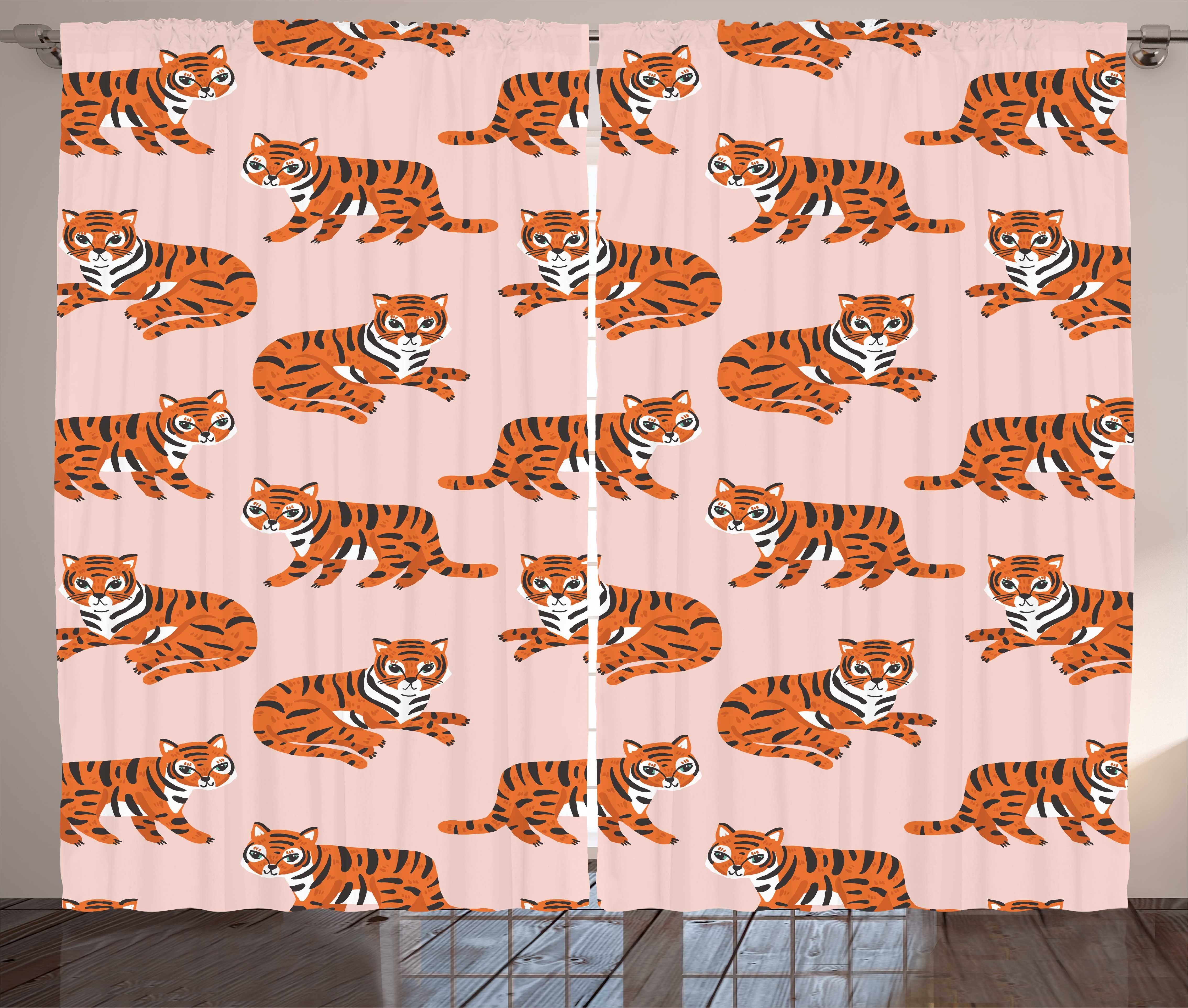 Gardine Schlafzimmer Kräuselband Vorhang mit Schlaufen und Haken, Abakuhaus, Safari Childish Spaß Tiger-Muster