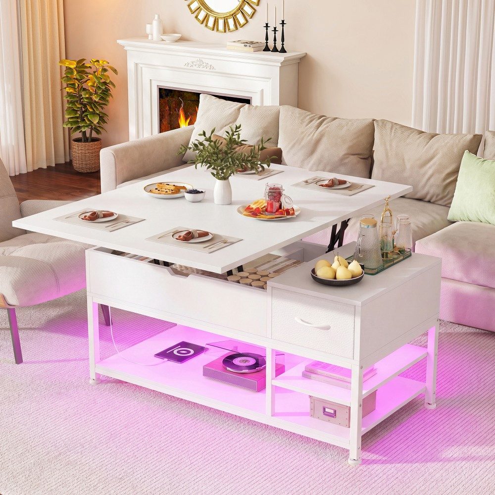 Klyvvo Couchtisch Höhenverstellbar mit LED und Stauraum, 4-in-1 Wohnzimmertisch (1-St), Steckdosen, USB, Coffee Table für Wohnzimmer, Büro, 1 Schubladen