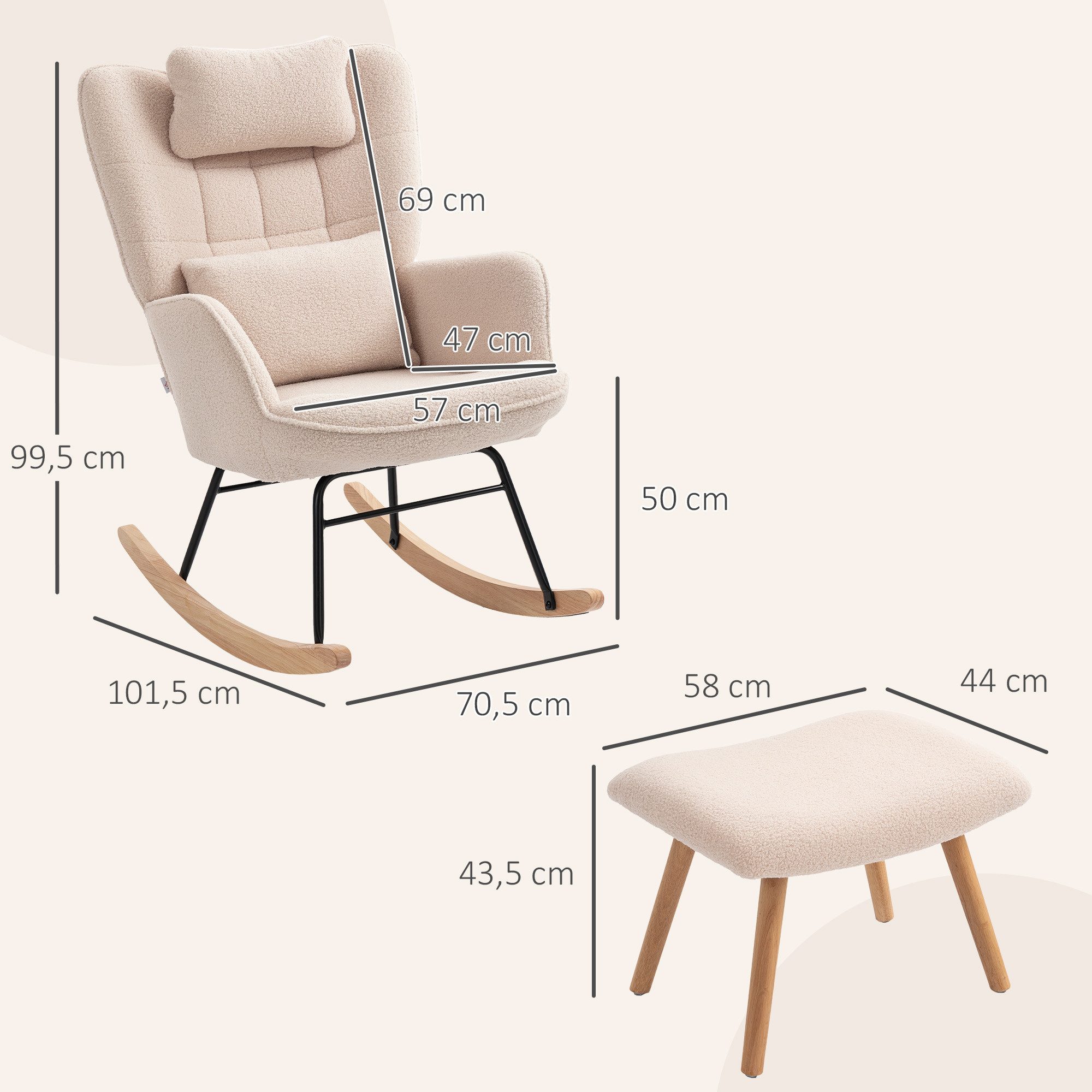 HOMCOM Schaukelsessel Schwingsessel mit Lendenkissen, Kopfstütze, Relaxsessel (Schwingstuhl, 2-St., Schaukelstuhl und Fußhocker), Stillsessel für Wohnzimmer, Sc – Bild 3 von 5