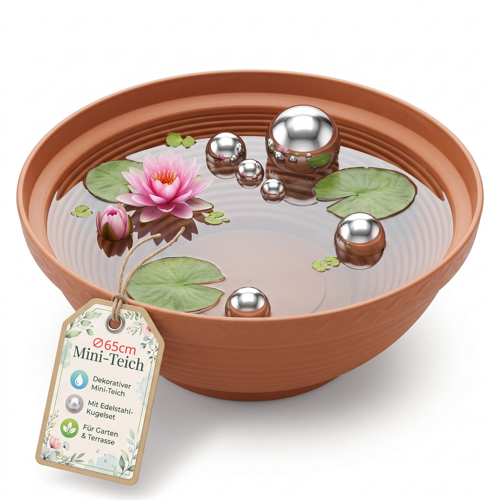 BigDean Fertigteich XXL Miniteich Brunnen Set Schale Teichkugeln Komplettset 65cm, 6-teiligem Edelstahl-Kugelset, UV-beständig,Terrakotta-Optik