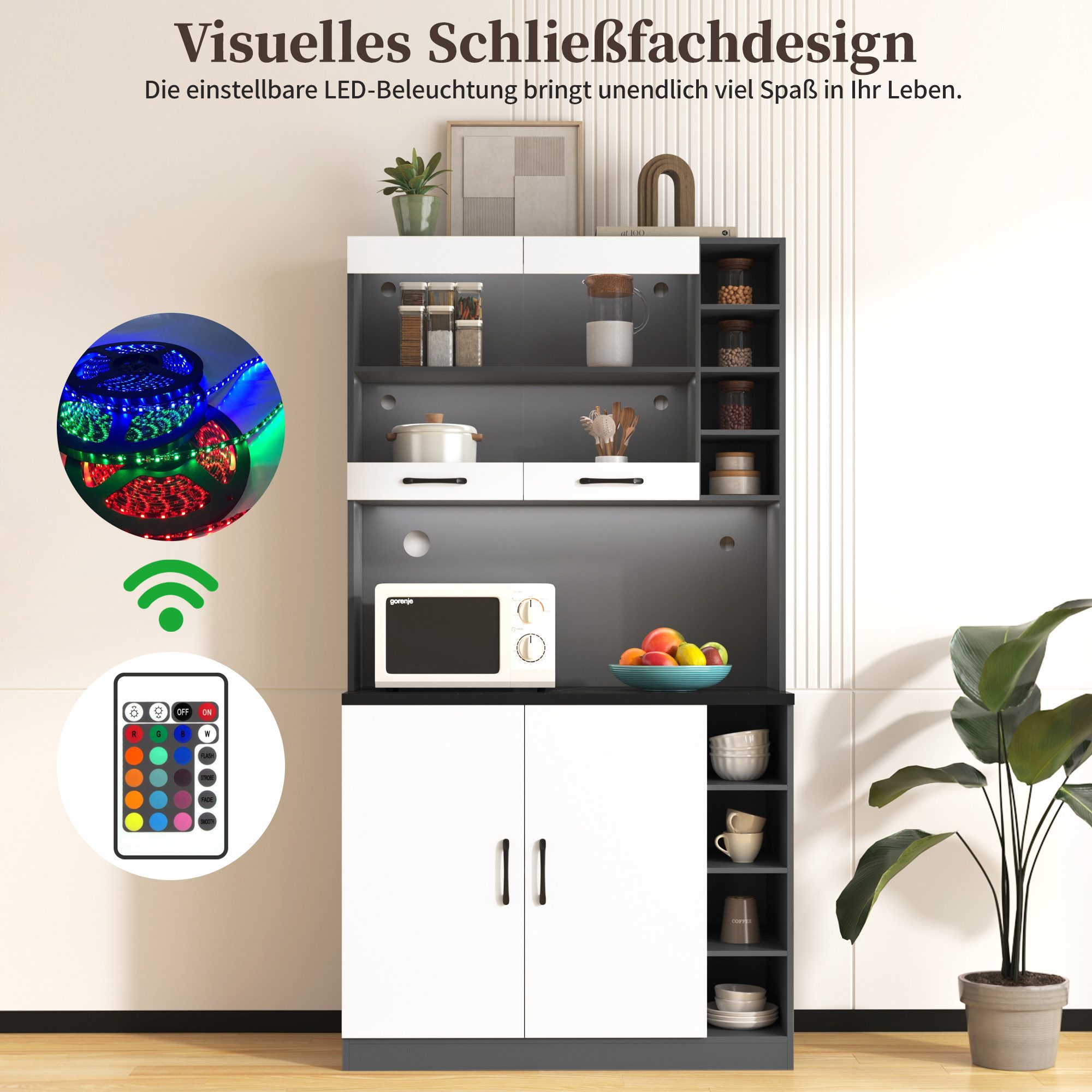 Flieks Küchenbuffet Hochschrank mit LED-Beleuchtung und Glastüren (100x47x187 cm, 1-St., höhenverstellbare seitliche Ablagefächer) Küchenschrank mit Arbeitsplat – Bild 5 von 5