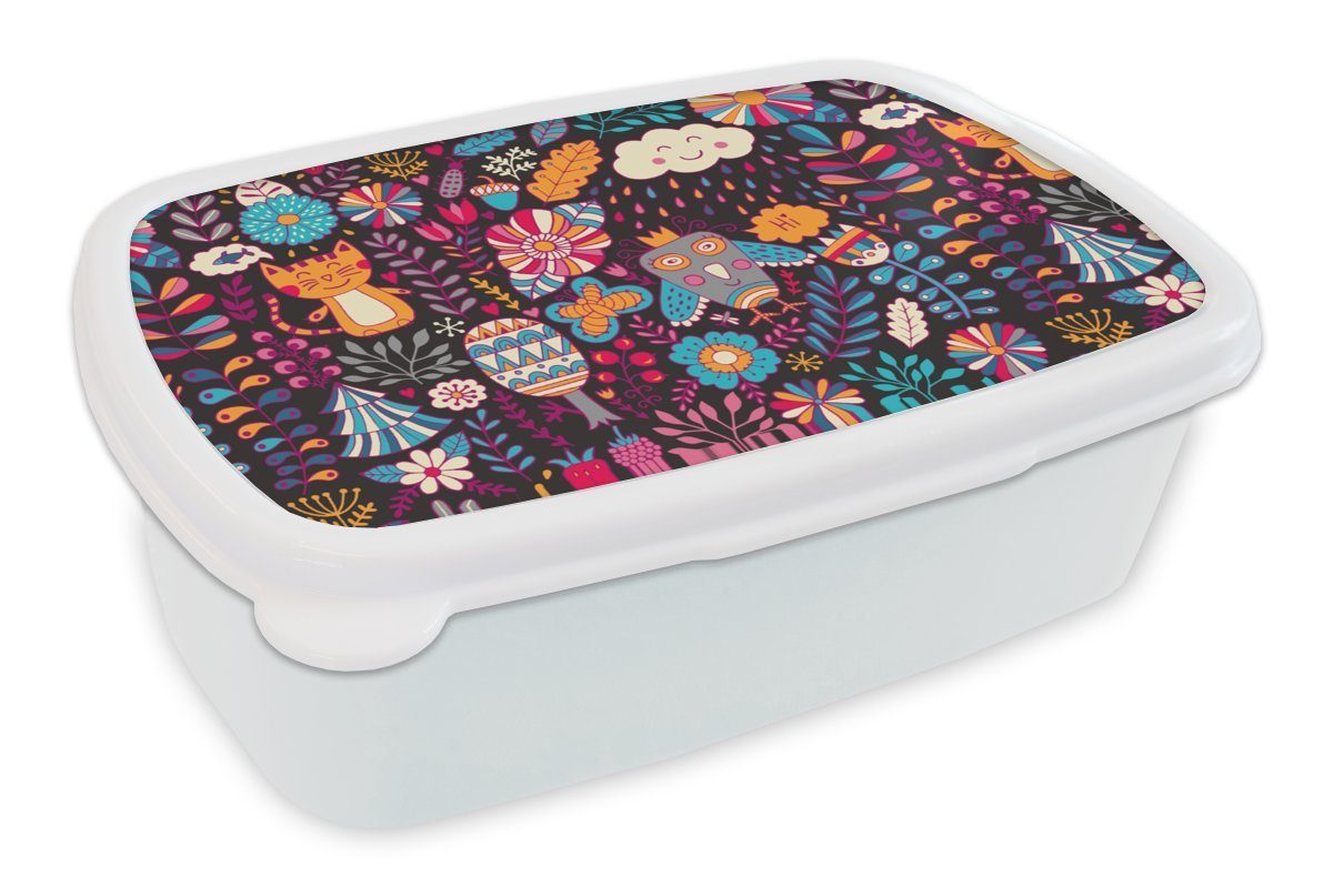 (2-tlg), - Brotbox Katze für Muster Blumen, Kunststoff, und MuchoWow Eule weiß Brotdose, Jungs - für - und Mädchen Erwachsene, Kinder Lunchbox