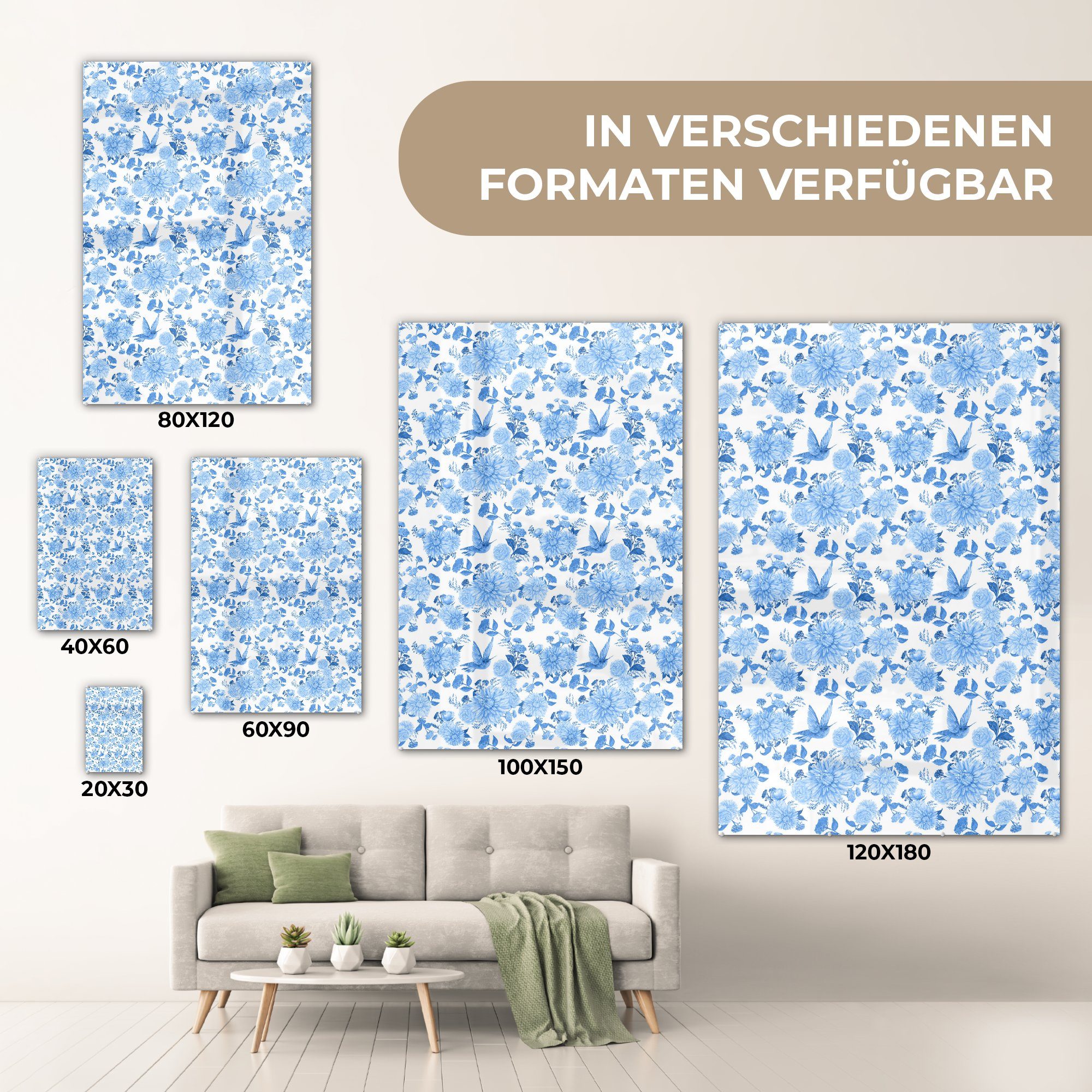 Glasbilder (1 - Acrylglasbild - Foto - - Blumen - Wanddekoration MuchoWow Wandbild - St), Bilder Glas Glas Rosen auf Vögel auf Blau,