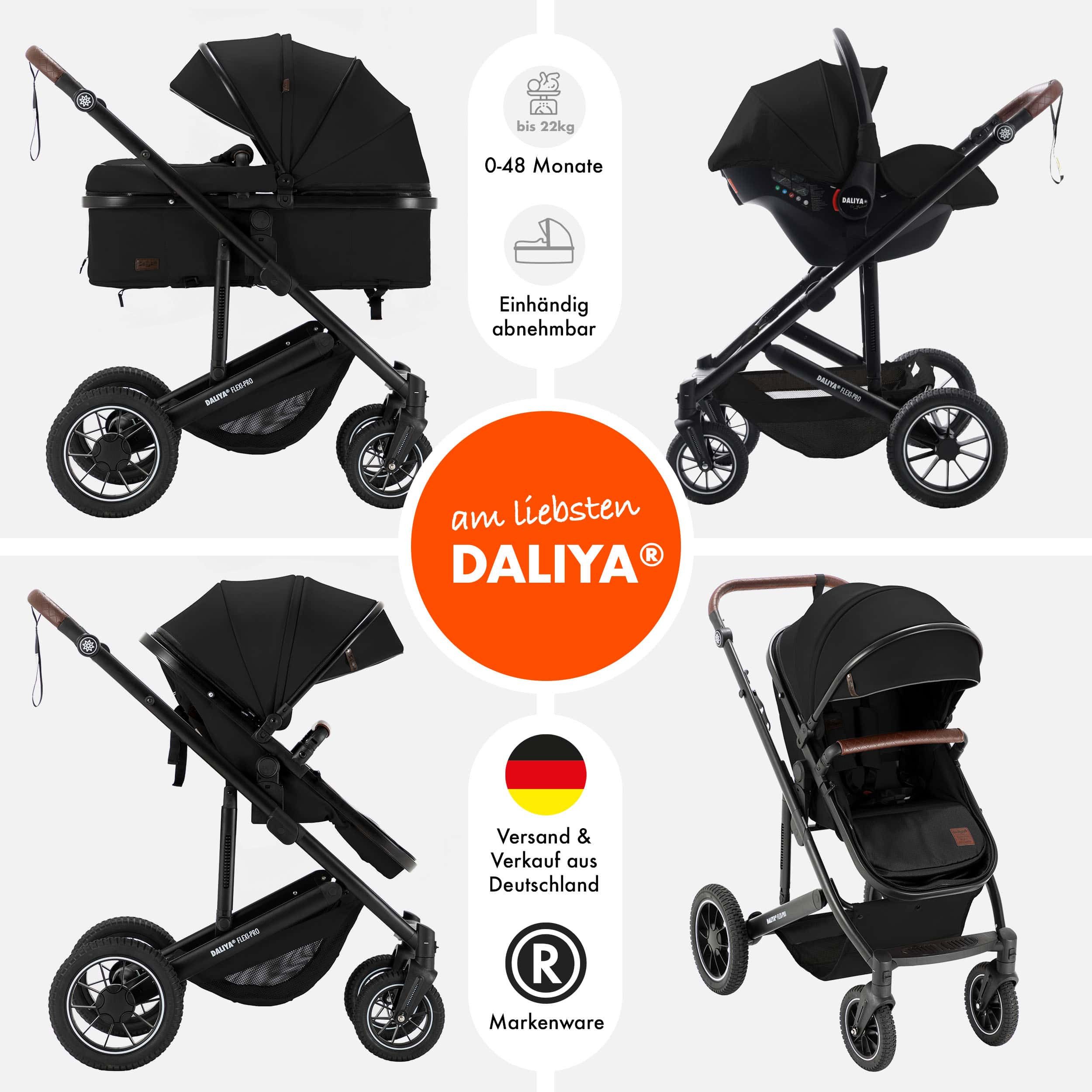 Daliya® Kombi-Kinderwagen FLEXI-PRO M 3in1 Kinderwagen & Buggy, Reisekinderwagen, XXL Set, (XXL-Set mit i-Size Babyschale, 13-tlg), Einhändig abnehmbare Wanne, i-Size Babyschale, Alu-Rahmen, Gummireifen