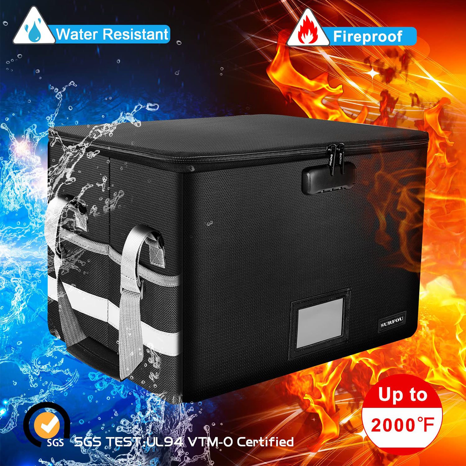 SURFOU Dokumententasche Feuerfeste Dokumentenbox mit Zahlenschloss – OHNE Ordner (Tragbare feuerfeste Dokumententasche (39,5 × 31 × 25,5 cm) aus silikonbeschichtetem Fiberglas, Mit Kombinationsschloss, Reißverschlussfach, Seitenetuis & Tragegriff), Antistatisch, feuerfest, wasserabweisend, staubdicht, diebstahlsicher