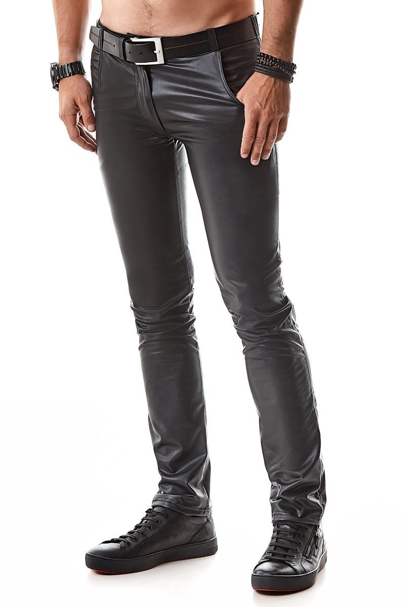 Lederimitathose Lange Herren wetlook Hose schwarz matt mit Reißverschluss und Taschen