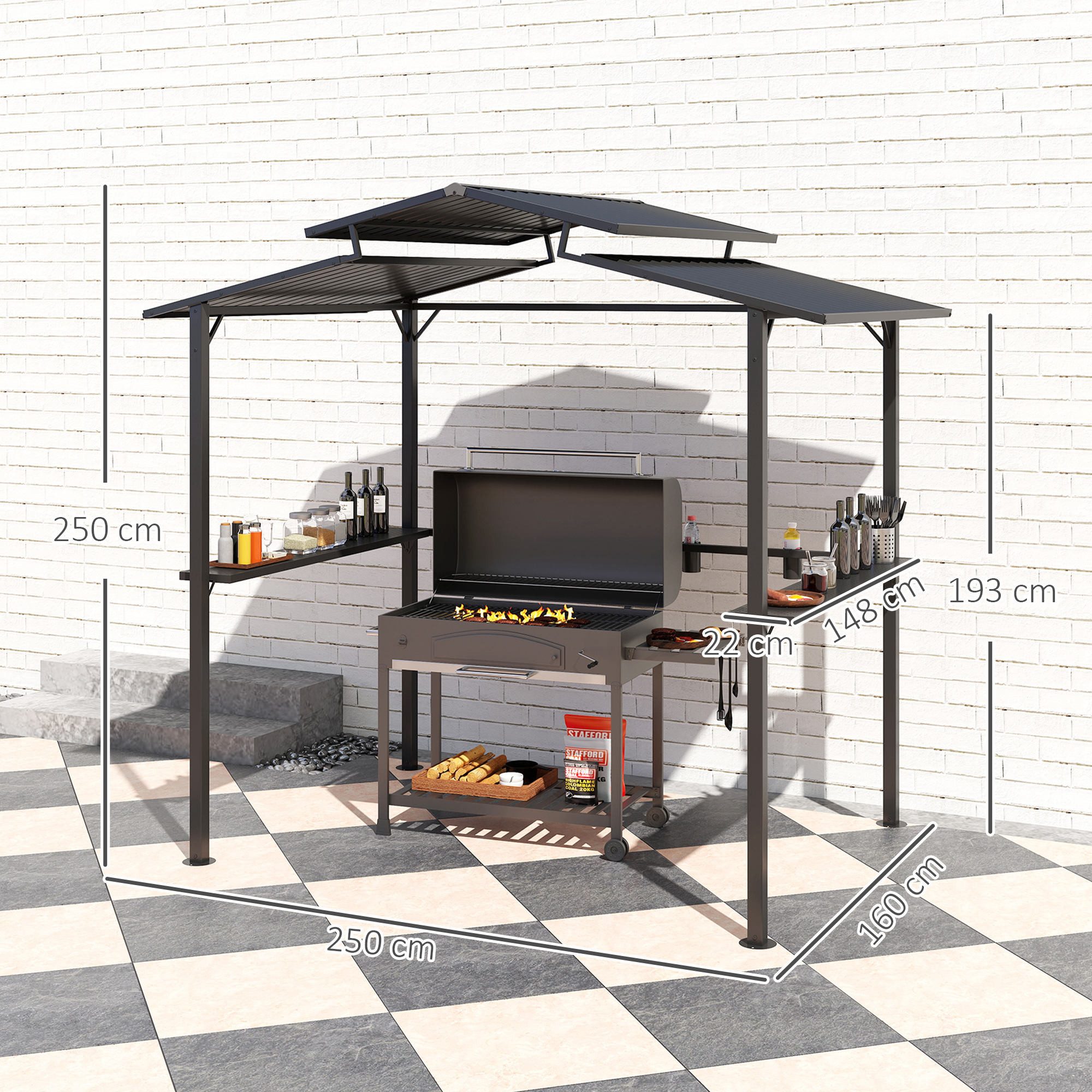 Outsunny Grillpavillon mit Doppelschichtdach, Seitenregalen, UV-Schutz, (wasserdicht Gartenpavillon, BBQ Pavillon), 250 x 160 x 250 cm, für Garten Party BBQ, Schwarz