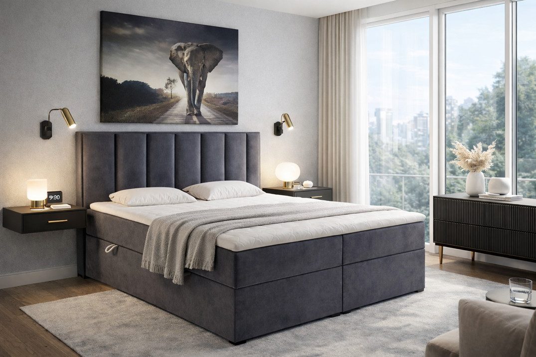 Labett Boxspringbett mit Bettkasten Matratze &Topper, HUGO 140x200 160x200 180x200 200x200 (Boxspringbett, Bettkasten, Matratze, Topper), 7-Zonen Taschenfederkernmatratze H3 oder H4