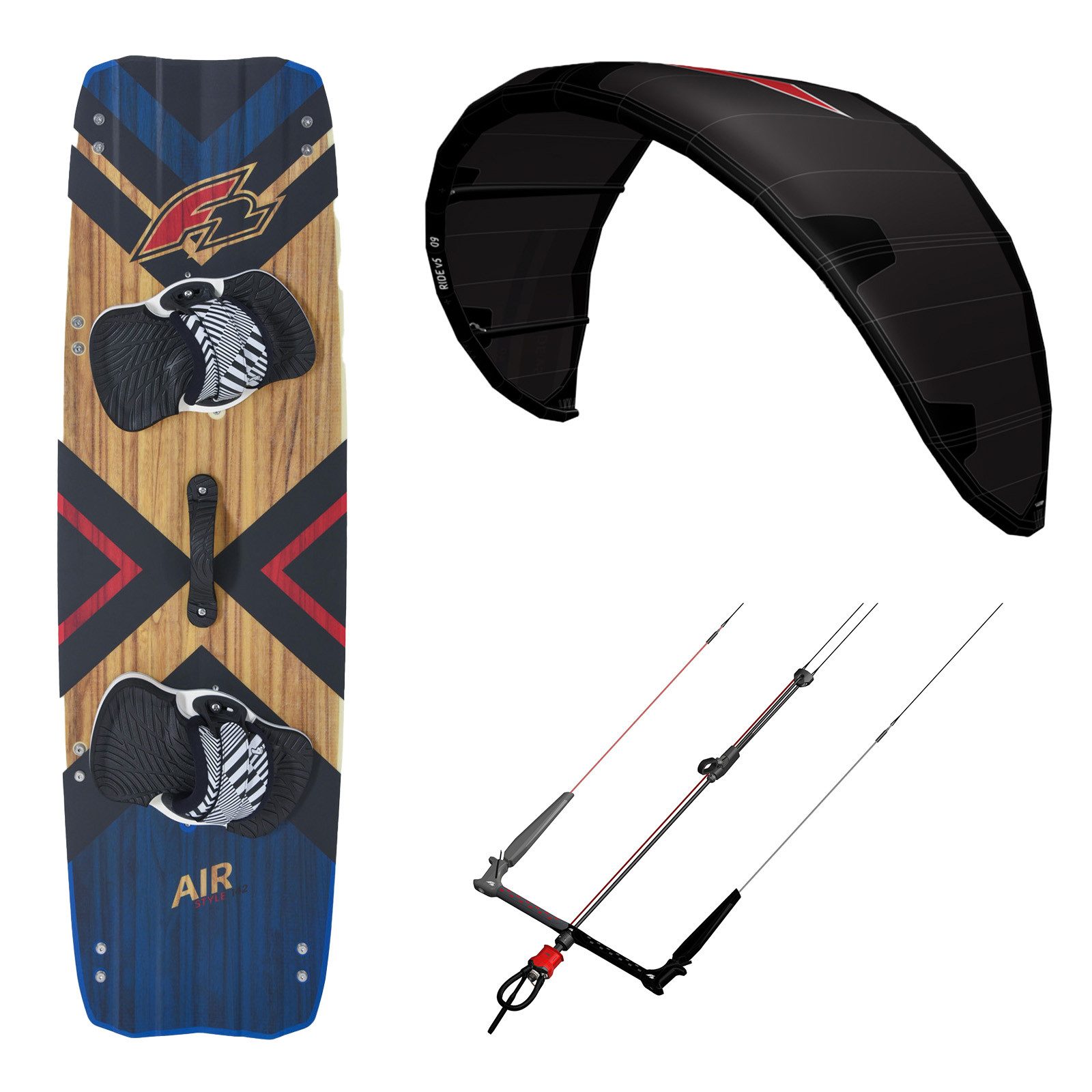 F2 Kite F2 Set Kite Ride V5 9qm, Kiteboard Air Wood 142cm, Control Bar 46cm