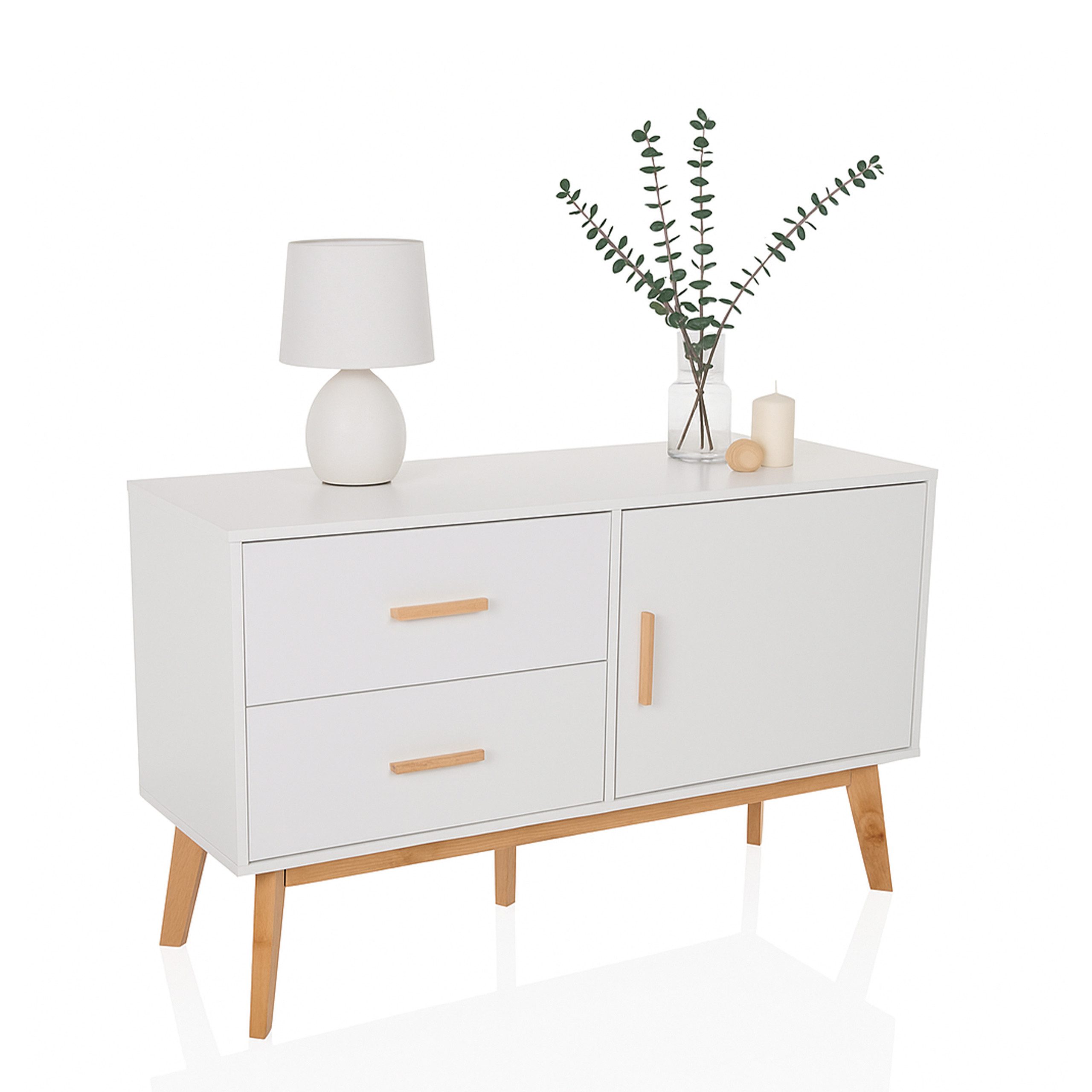 hjh LIVING Sideboard TAROLO Kommode H/B/T: 72.0 x 120.0 x 40.0 cm, Kommode mit einer Türe und zwei Schubladen, Fußgestell Eiche
