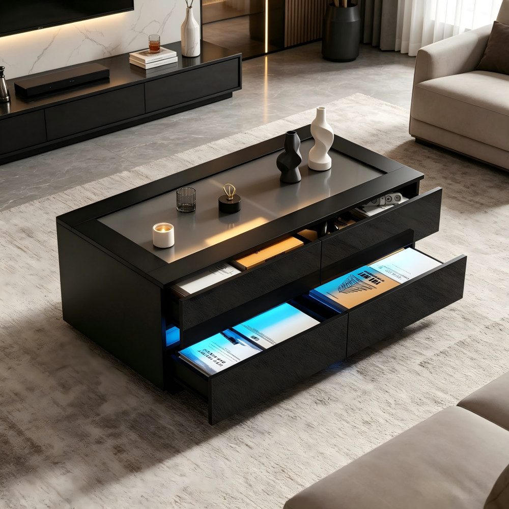 BBWL Couchtisch LED Glas Schubladen Hochglanz Wohnzimmertisch, 4 Schubladen, Moderner Couchtisch 100x50x40cm mit Stauraum, 35kg Tragfähigkeit