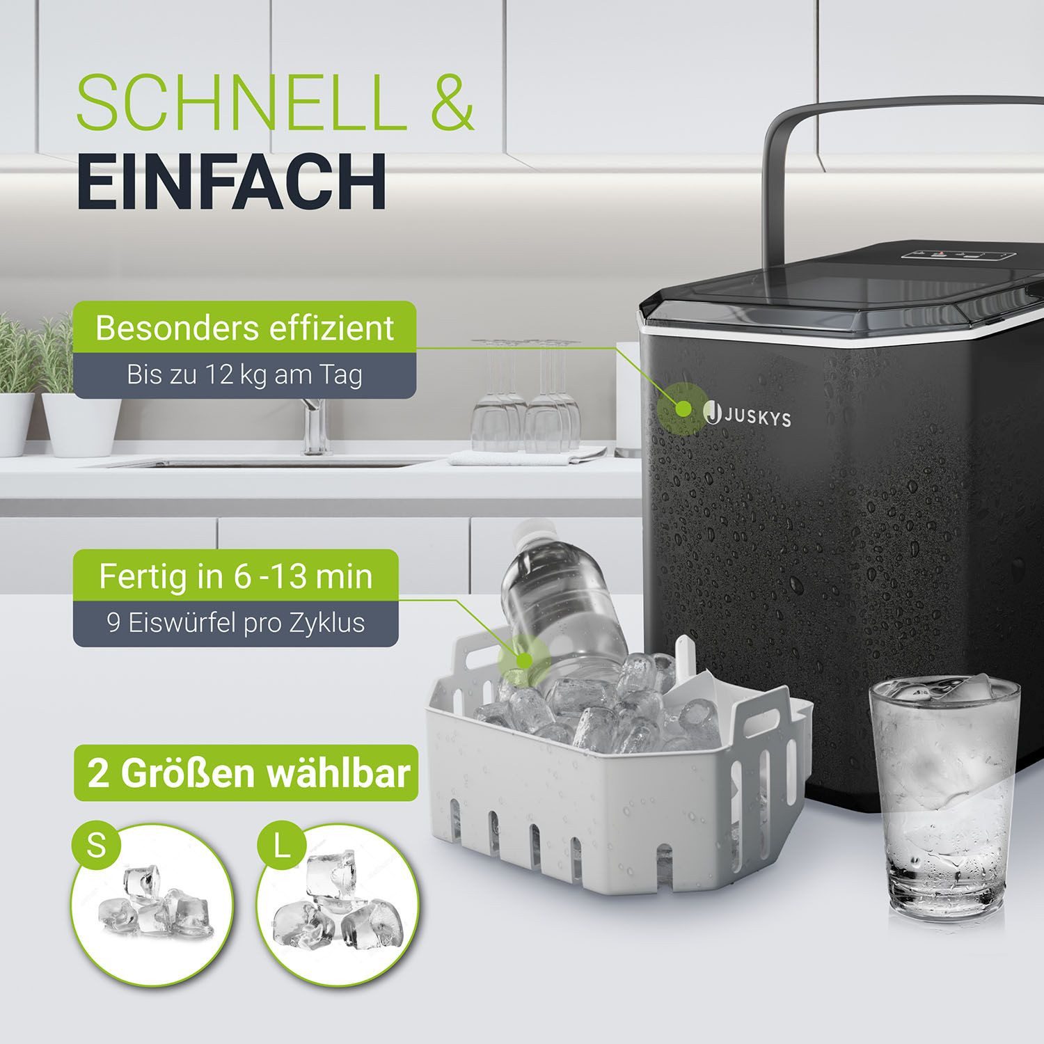 Juskys Eiswürfelmaschine IceOracle, 2 Größen, bis zu 12 kg pro Tag; mit Selbstreinigungsfunktion