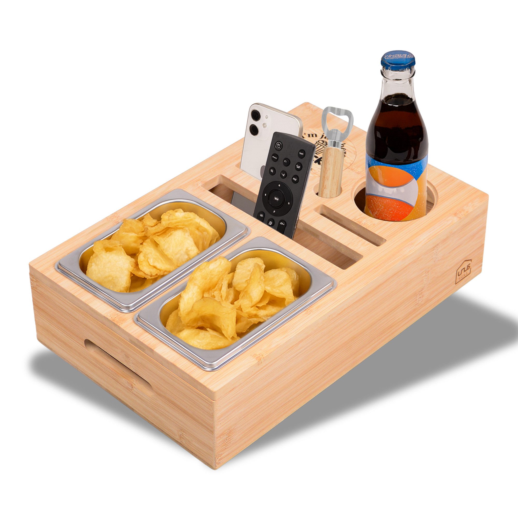 UNUS HOME Tablett Couchbar Sofatablett mit Getränkehalter mit Snackschalen, Bambus, (Couchbar 40x26x10cm(LxBxH) inklusive Flaschenöffner), Couchbutler, Sofatablett, Getränkehalter für den gemütlichen Filmabend