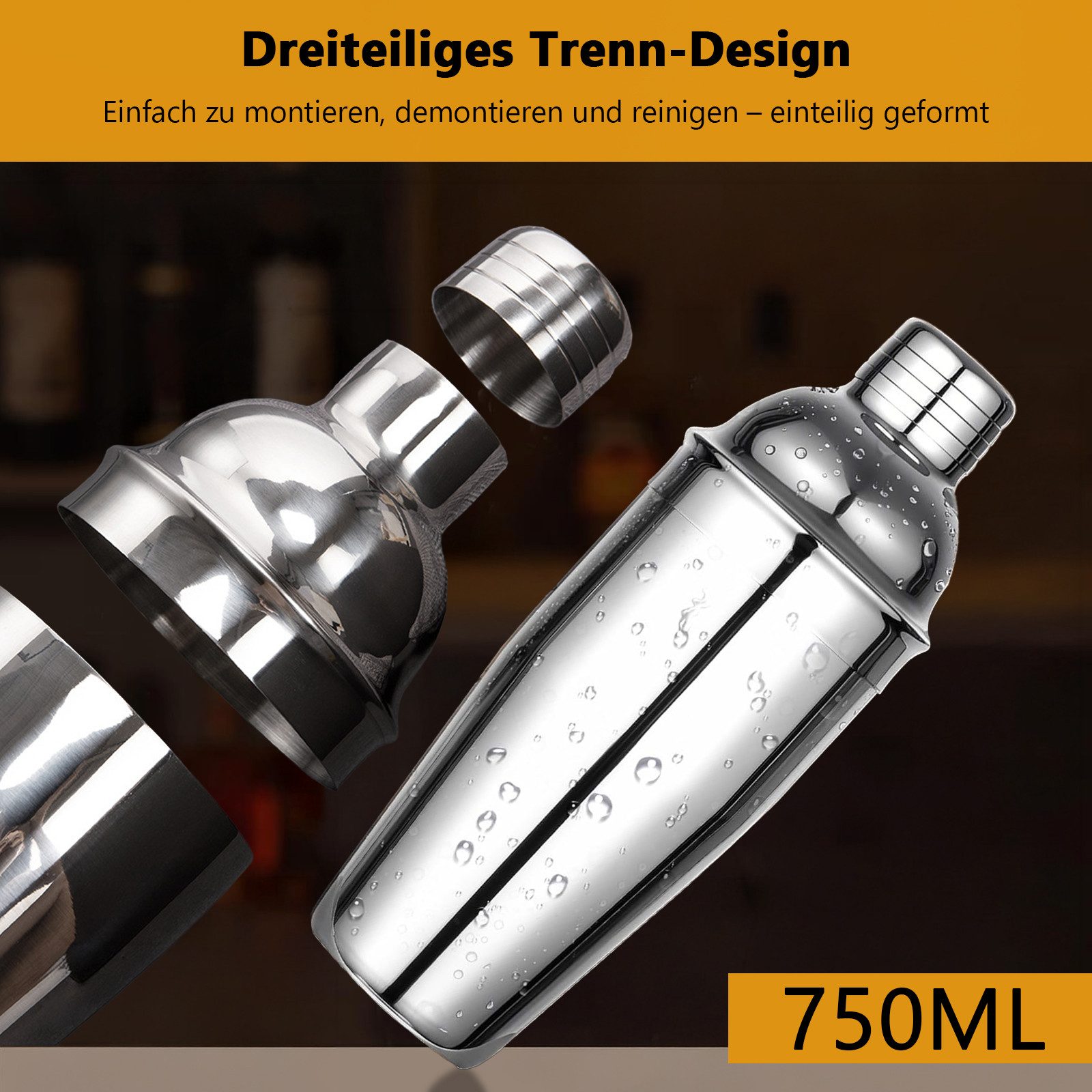 GLIESE Cocktail-Set Edelstahl Cocktail Shaker Set 12-teiliges mit Bar Zubehör, (12-tlg., Cocktail Shaker Setz), 750ml, mit Bambus-Ständer – Bild 4 von 5