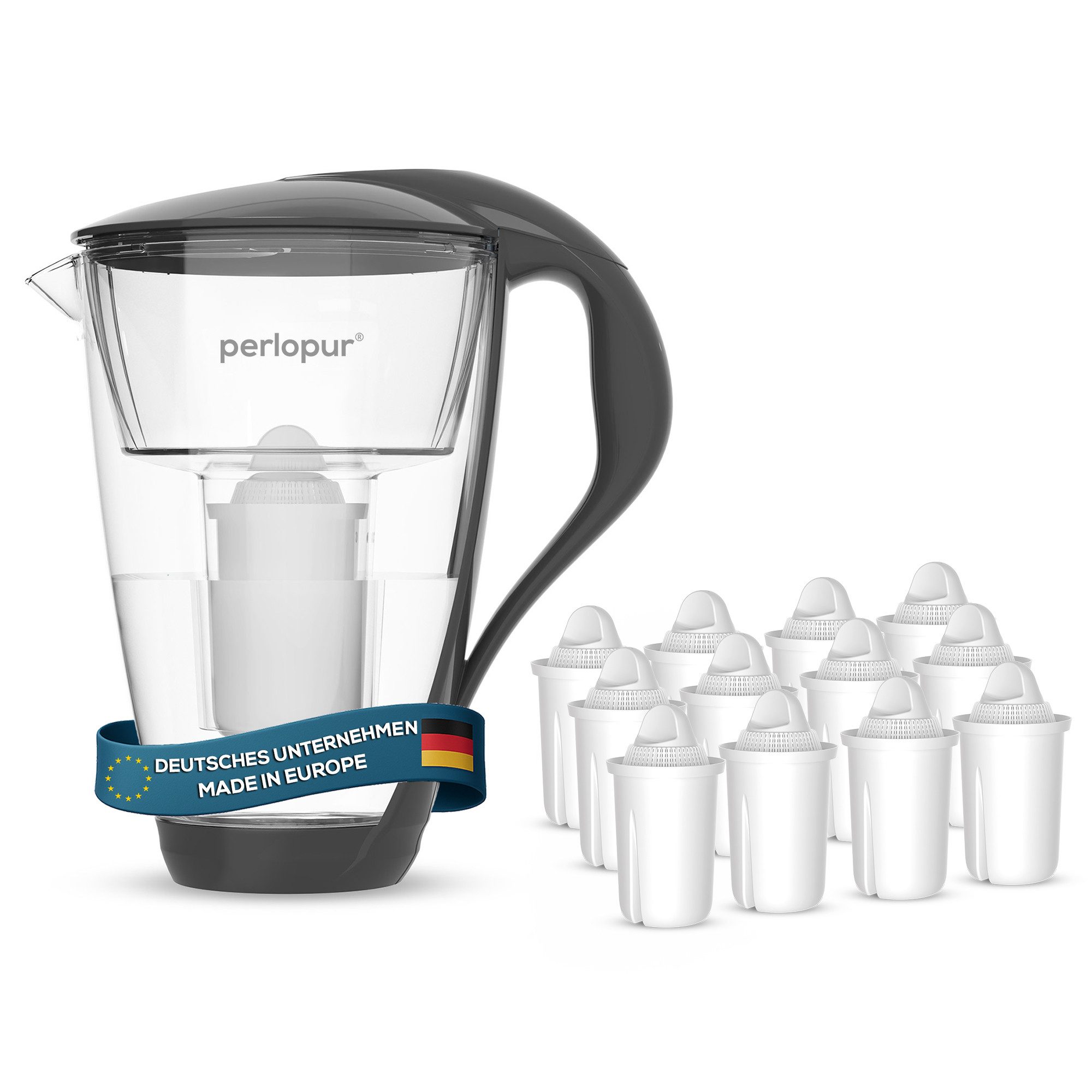 PerloPur Wasserfilter Glas Anthrazit Inkl. 12 Universal Filterkartuschen, Zubehör für PearlCo Glas-Wasserfilter
