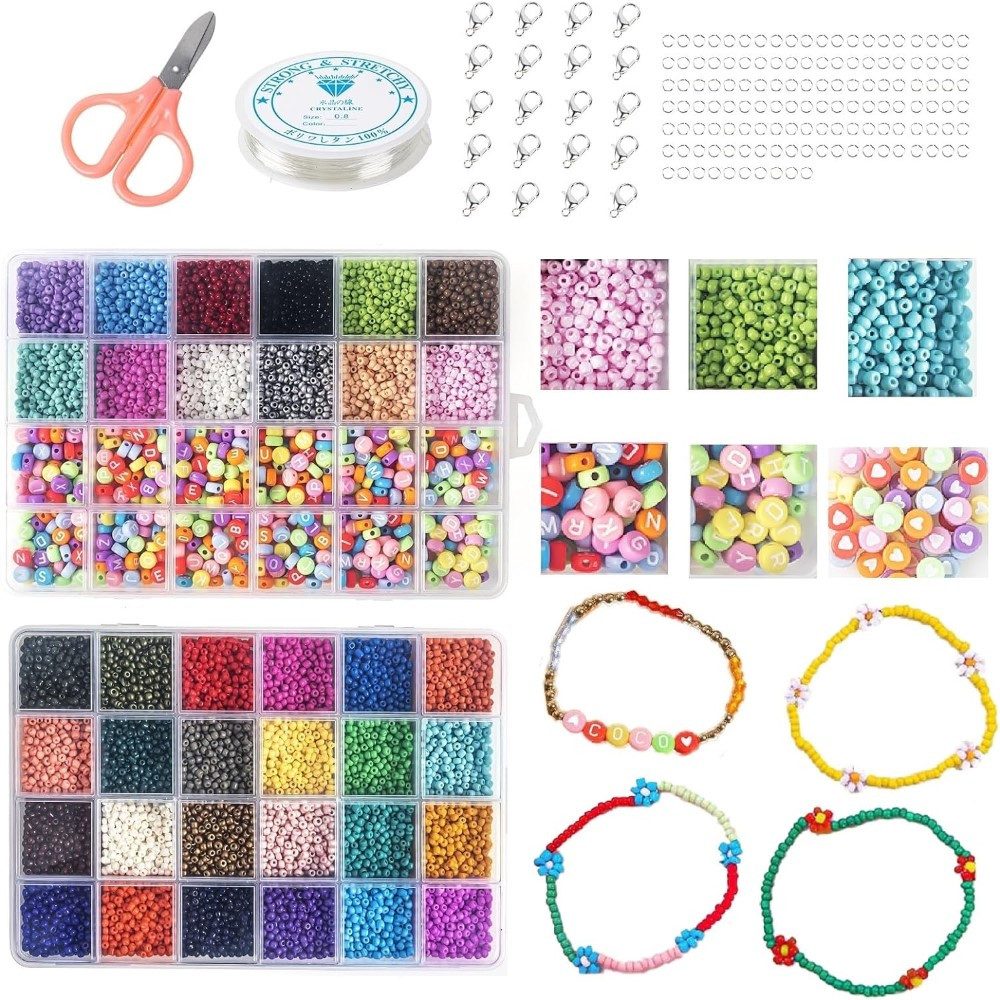Perlenarmband Set DIY Schmuckperlen-Set: 18000 Glasperlen + Buchstaben- und Herzperlen