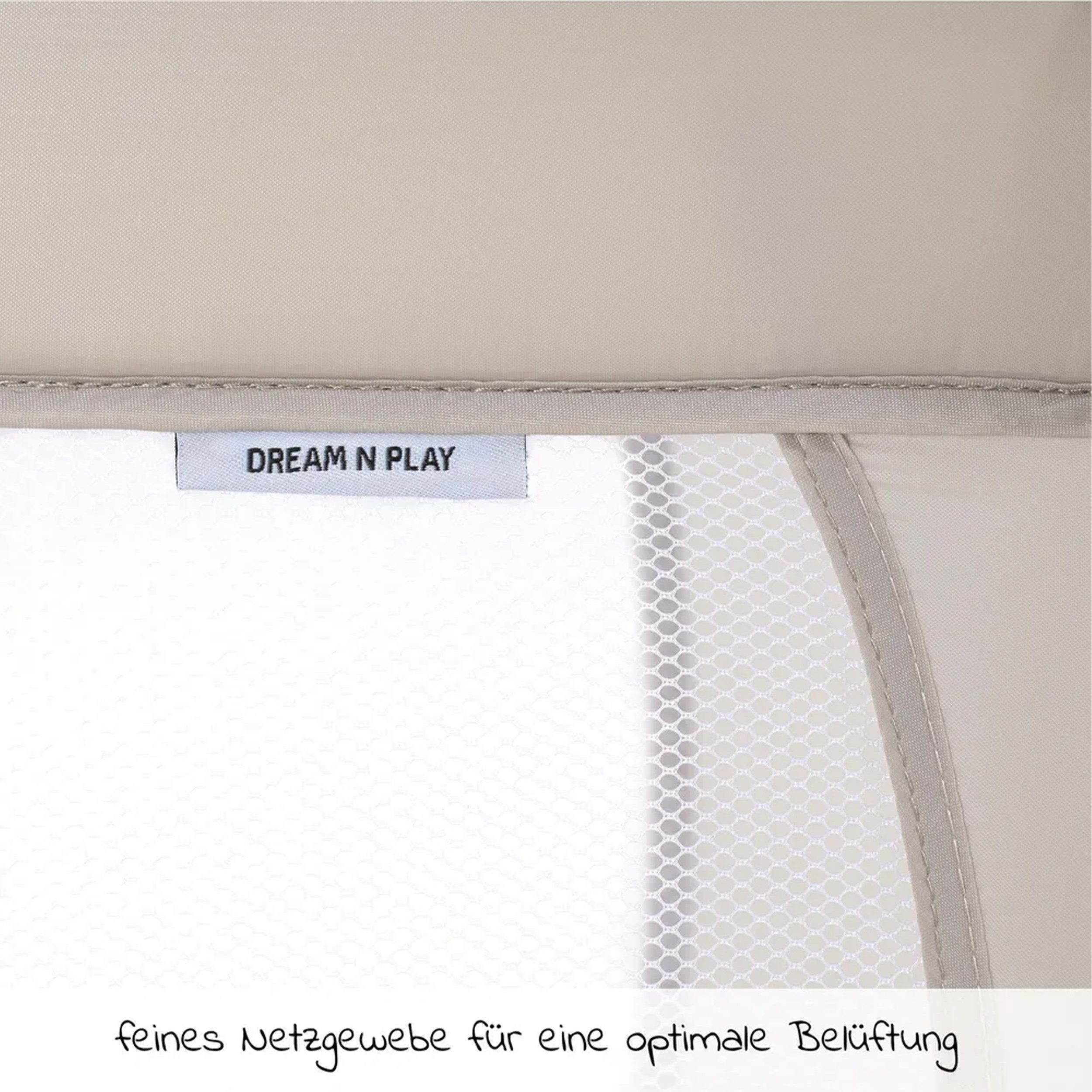 Hauck Baby Travel Cot Dream'n Play - Beige 120x60, Children's travel cot with mattress (6 cm high), mosquito net & foldable bag