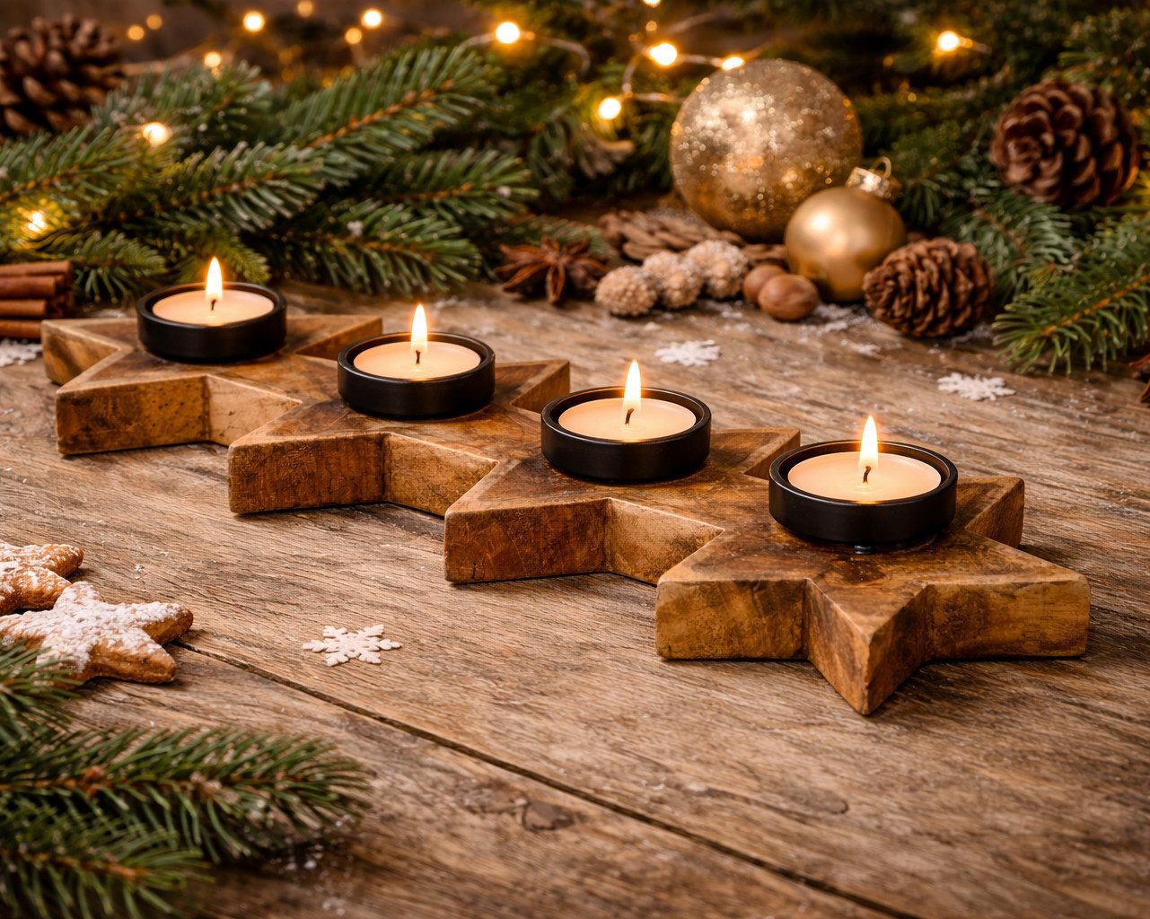 MF Adventsleuchter Teelichthalter Holz Asteria Stern aus Mangoholz für 4 Teelichter (1 St)